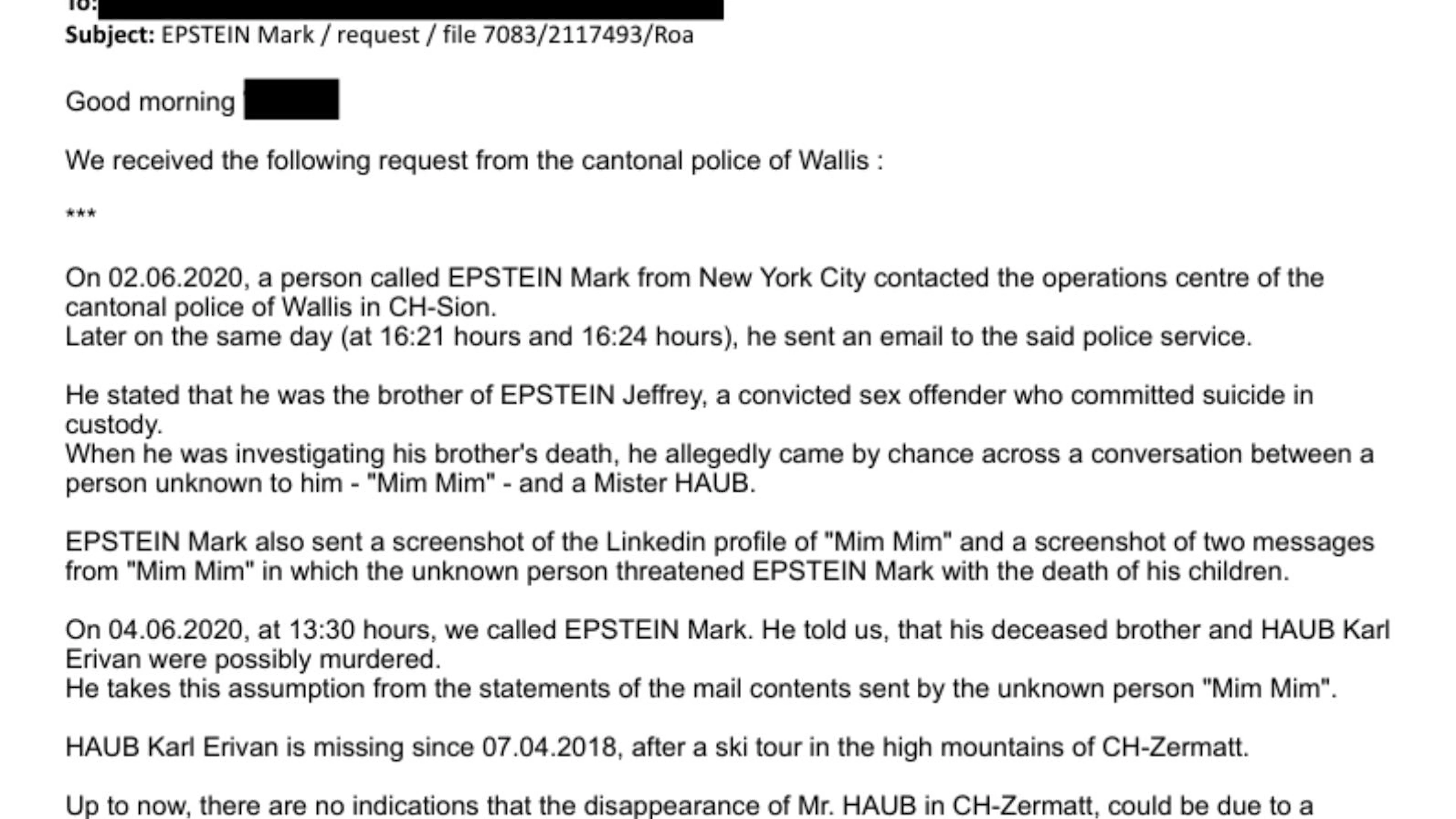 Ein Auszug aus der Originalakte zeigt, in welchen Abständen Mark Epstein sich an die Walliser Kantonspolizei wandte. 