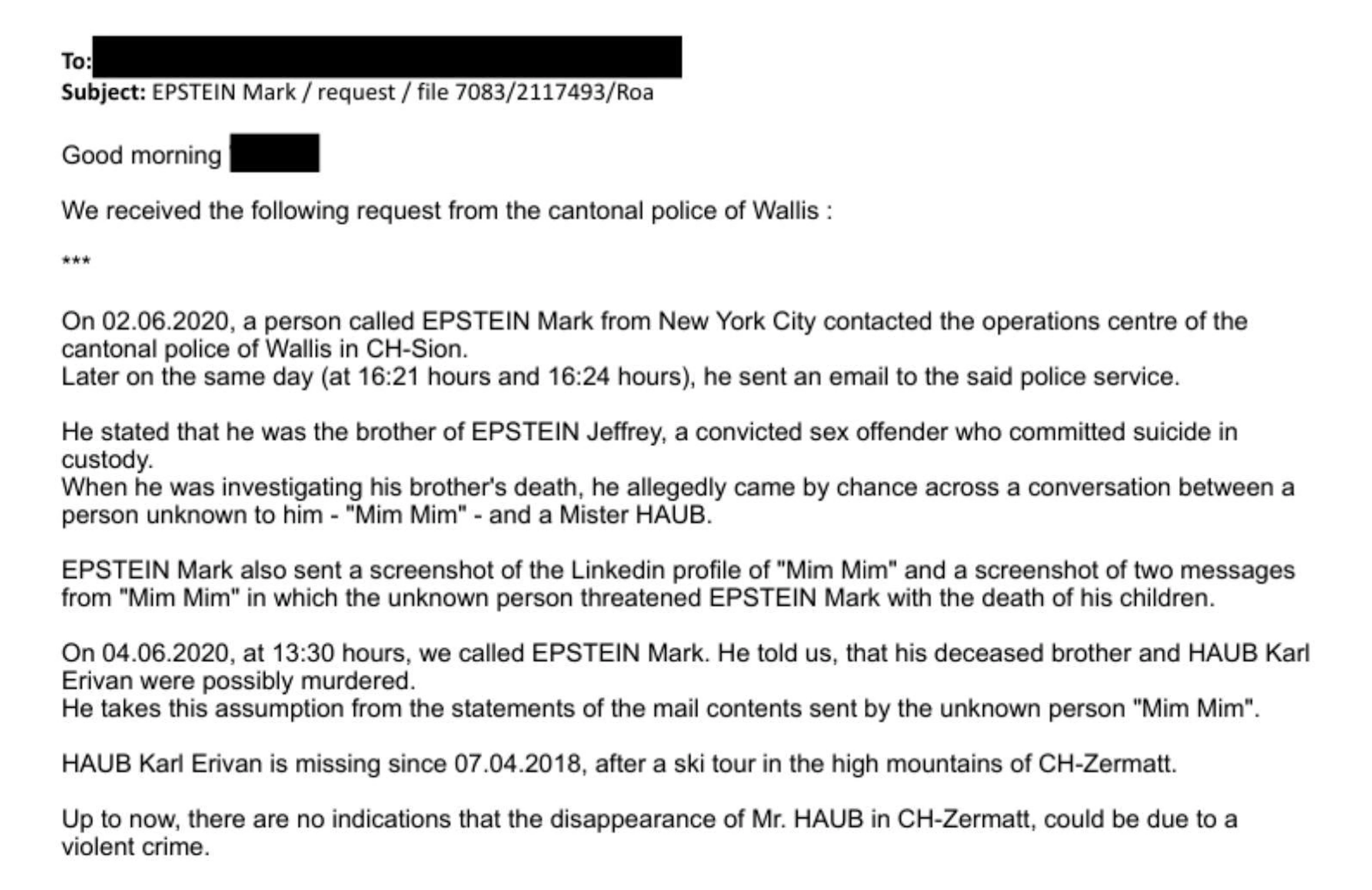 An excerpt from the original file shows the intervals at which Mark Epstein contacted the Valais cantonal police.