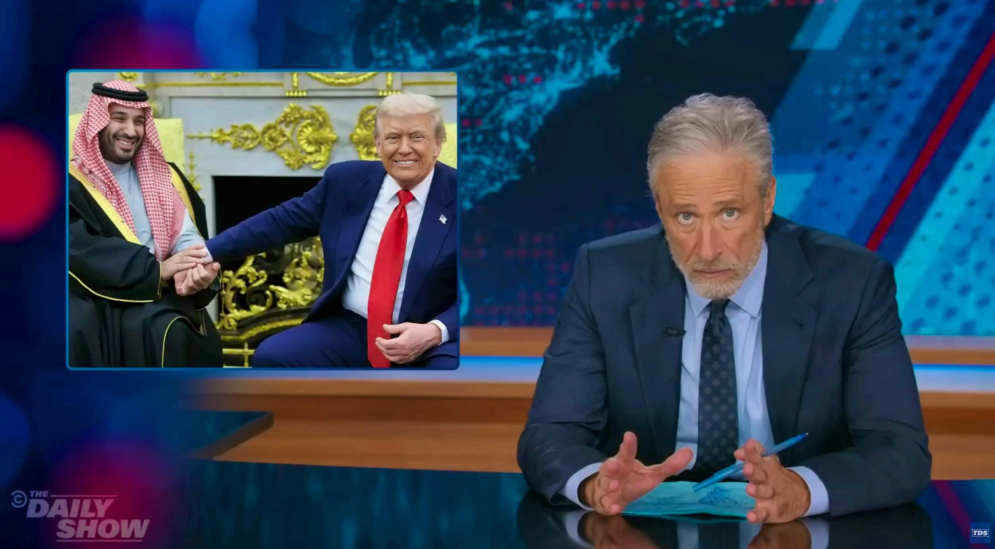 From left: Saudi Arabia's Crown Prince Mohammed bin Salman, Donald Trump and Jon Stewart.