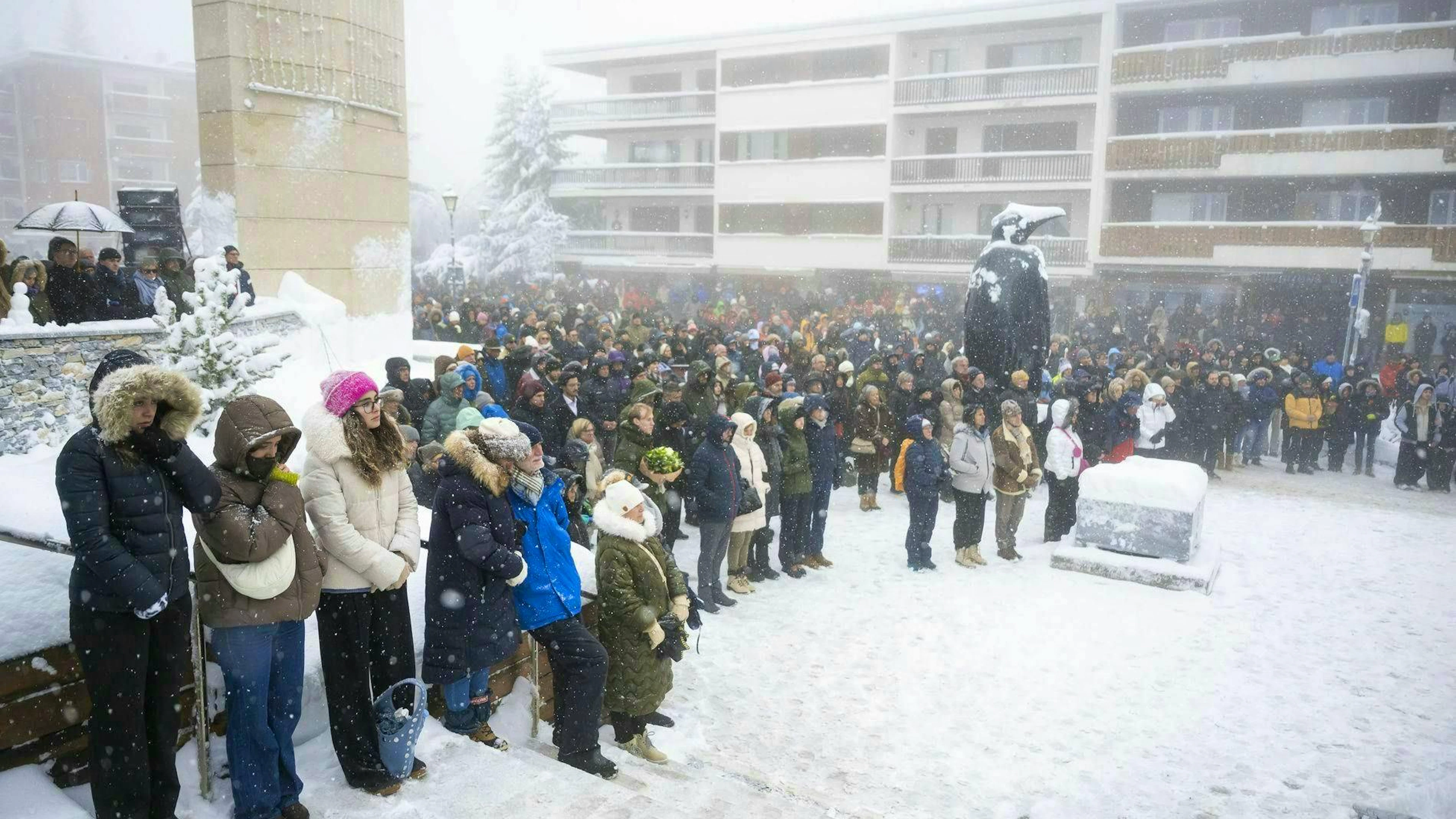 Many people pause in front of the St. Christopher Chapel in Crans-Montana.