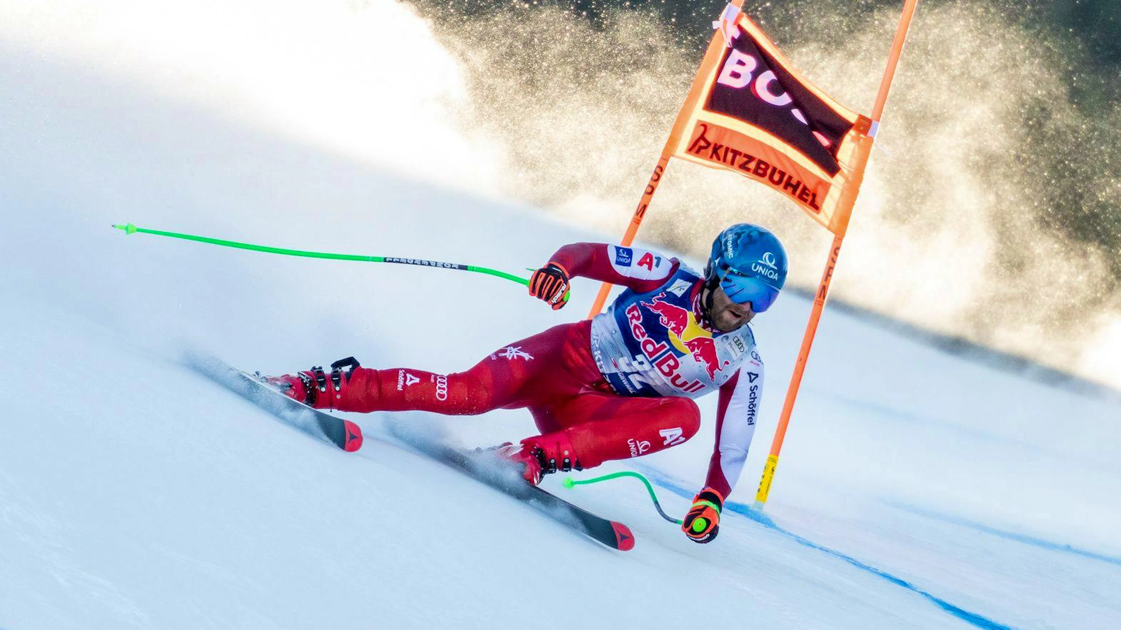 Marco Schwarz sur la Streif à l'entraînement.
