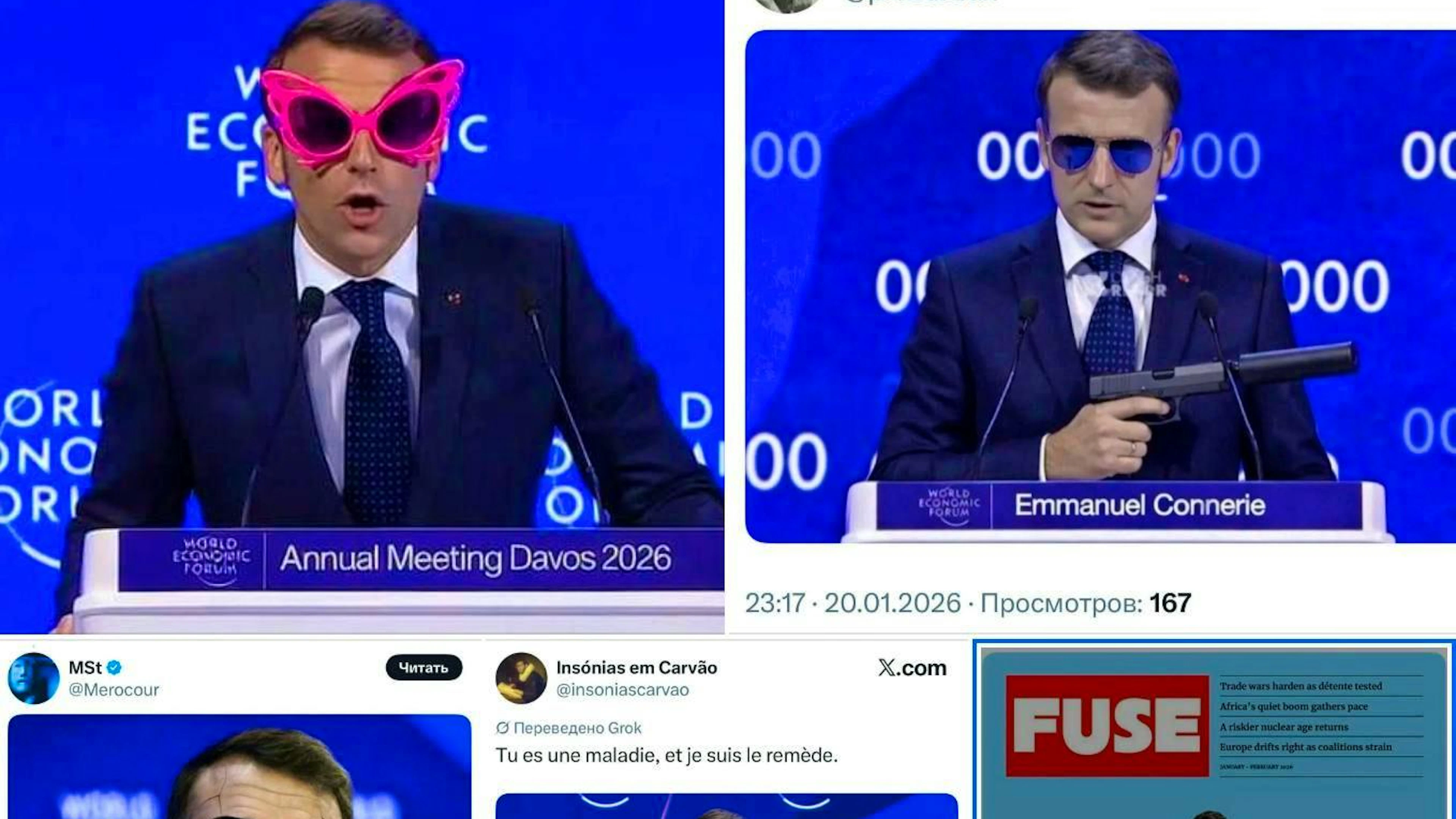 Esempi di distorsioni dell'aspetto di Emmanuel Macron con gli occhiali da sole.