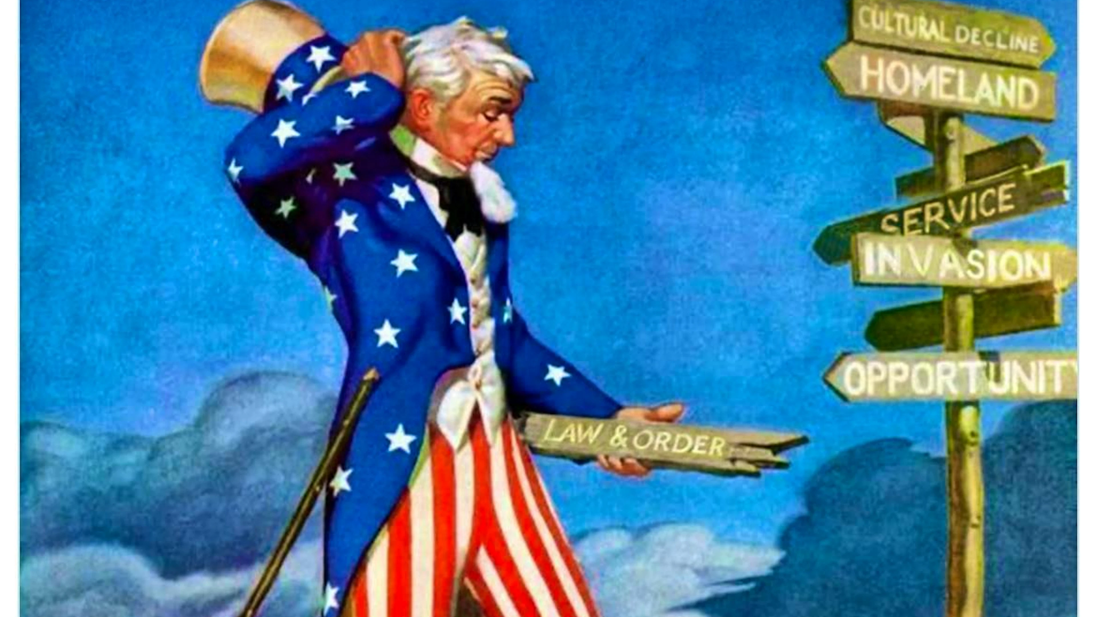 "Which Way Western Man?": This is the name of a racist and anti-Semitic pamphlet written by US neo-Nazi William Gayley Simpson in 1978. "Which way, American man?" <a target="_blank" rel="nofollow" href="https://x.com/DHSgov/status/1955011982488228231">asks</a> the Department of Homeland Security on August 11, 2025. Uncle Sam is at a crossroads: does he choose "Cultural Decline" or "Invasion"? Or "Law &amp; Order", "Homeland", "Service" or "Opportunity"?