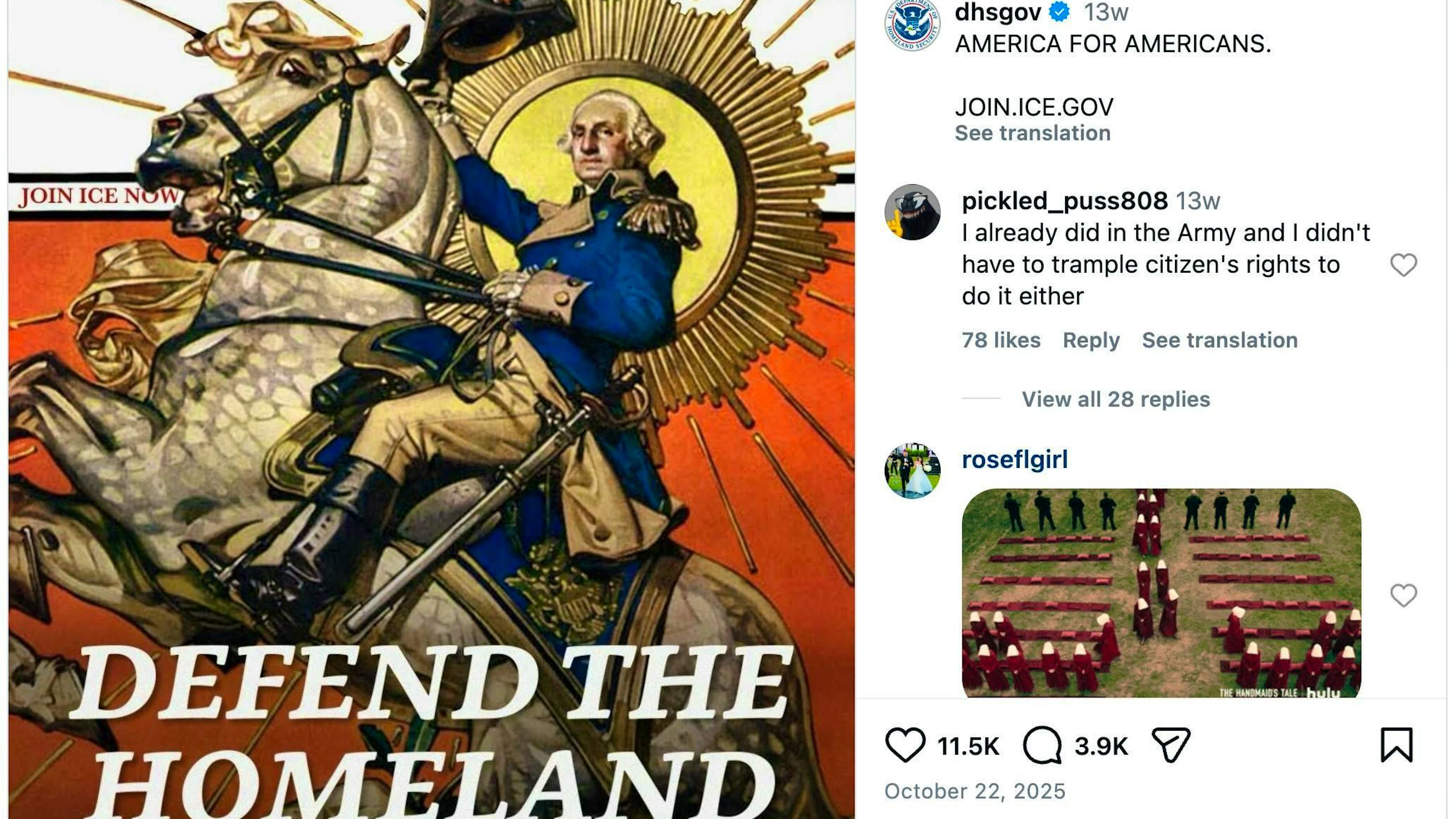 On October 22, 2025, this attempt by the Department of Homeland Security to recruit recruits for ICE on Instagram also <a target="_blank" rel="nofollow" href="https://www.instagram.com/p/DQIAYPNiTez/?hl=en">suggests</a> that America is under attack: "Defend the homeland," reads the image of the saluting Founding Father George Washington. The text reads in capital letters: "America for Americans."
