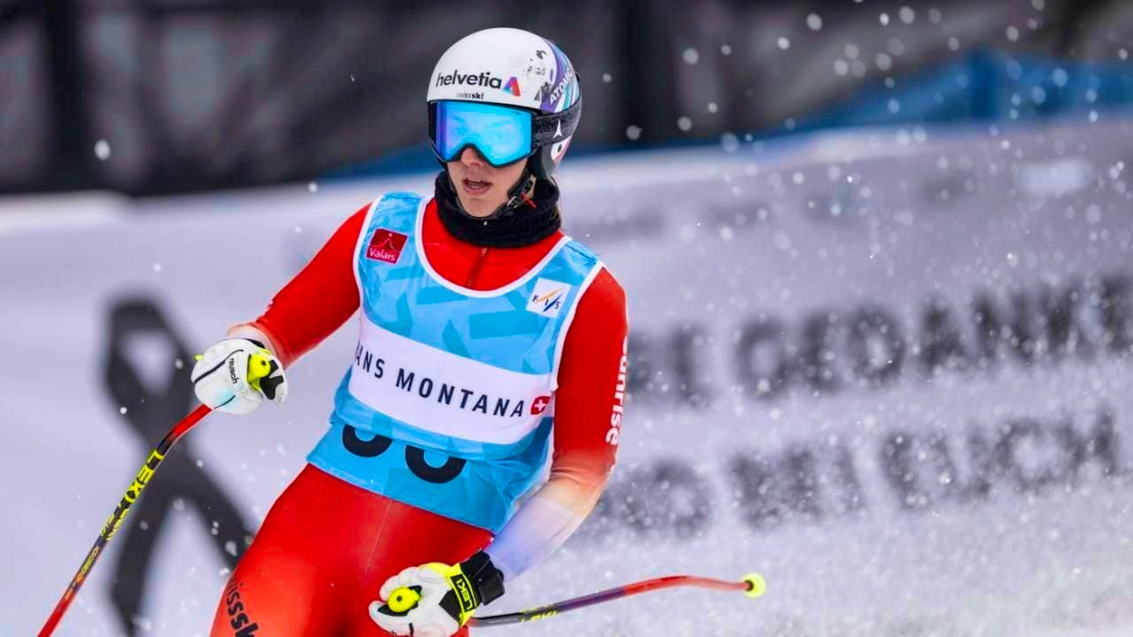 Malorie Blanc swings off in the finish area in Crans-Montana after the first downhill training session.