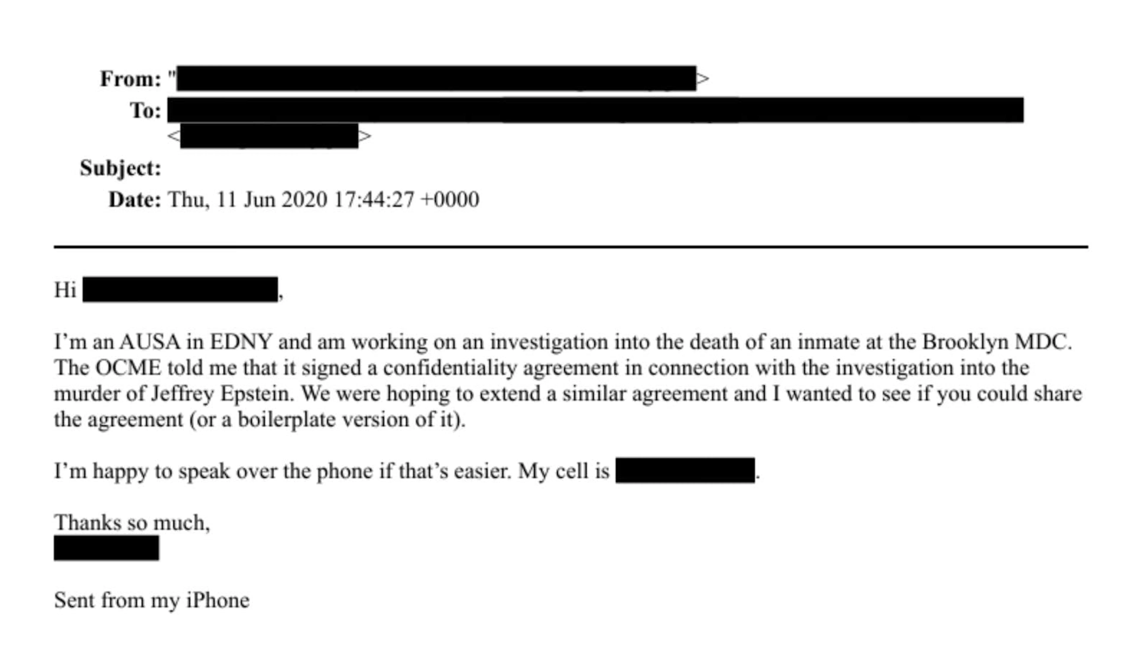 L'e-mail, in cui un vice procuratore distrettuale scrive dell'«omicidio di Jeffrey Epstein» nel giugno 2020.