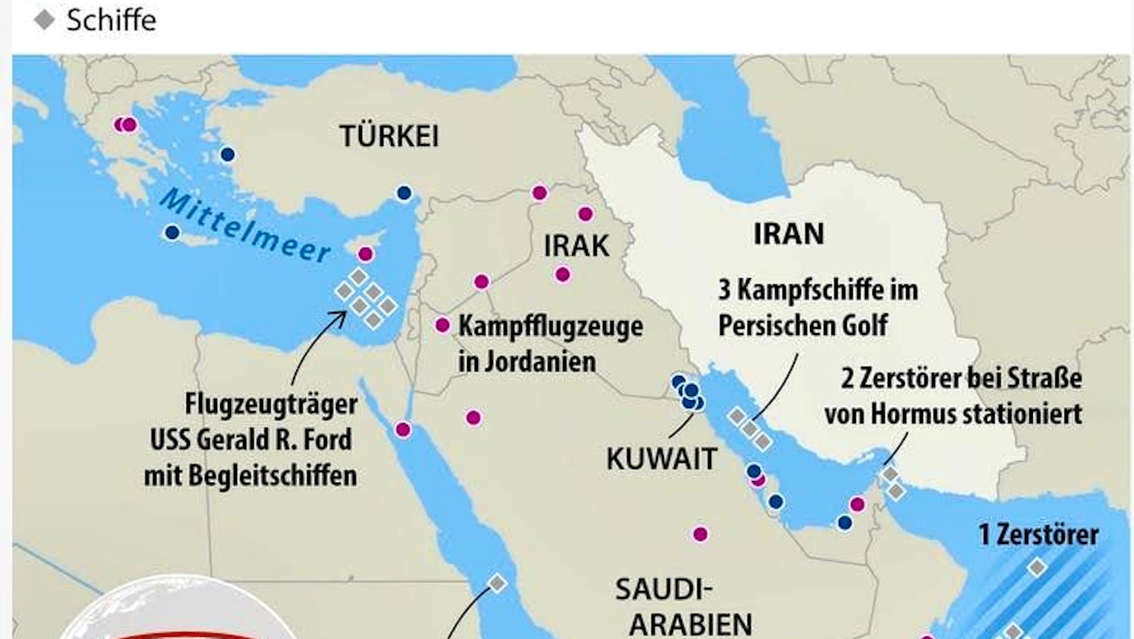Rappresentazione della presenza militare statunitense in Medio Oriente. Ci sono più di 30.000 soldati statunitensi nella regione del Medio Oriente e del Mediterraneo orientale. Contrassegnate in blu si vedono le basi controllate dagli Stati Uniti, in funzione da almeno 15 anni. In rosso altre basi in cui ci sono delle truppe statunitensi. I puntini grigi rappresentano le navi.