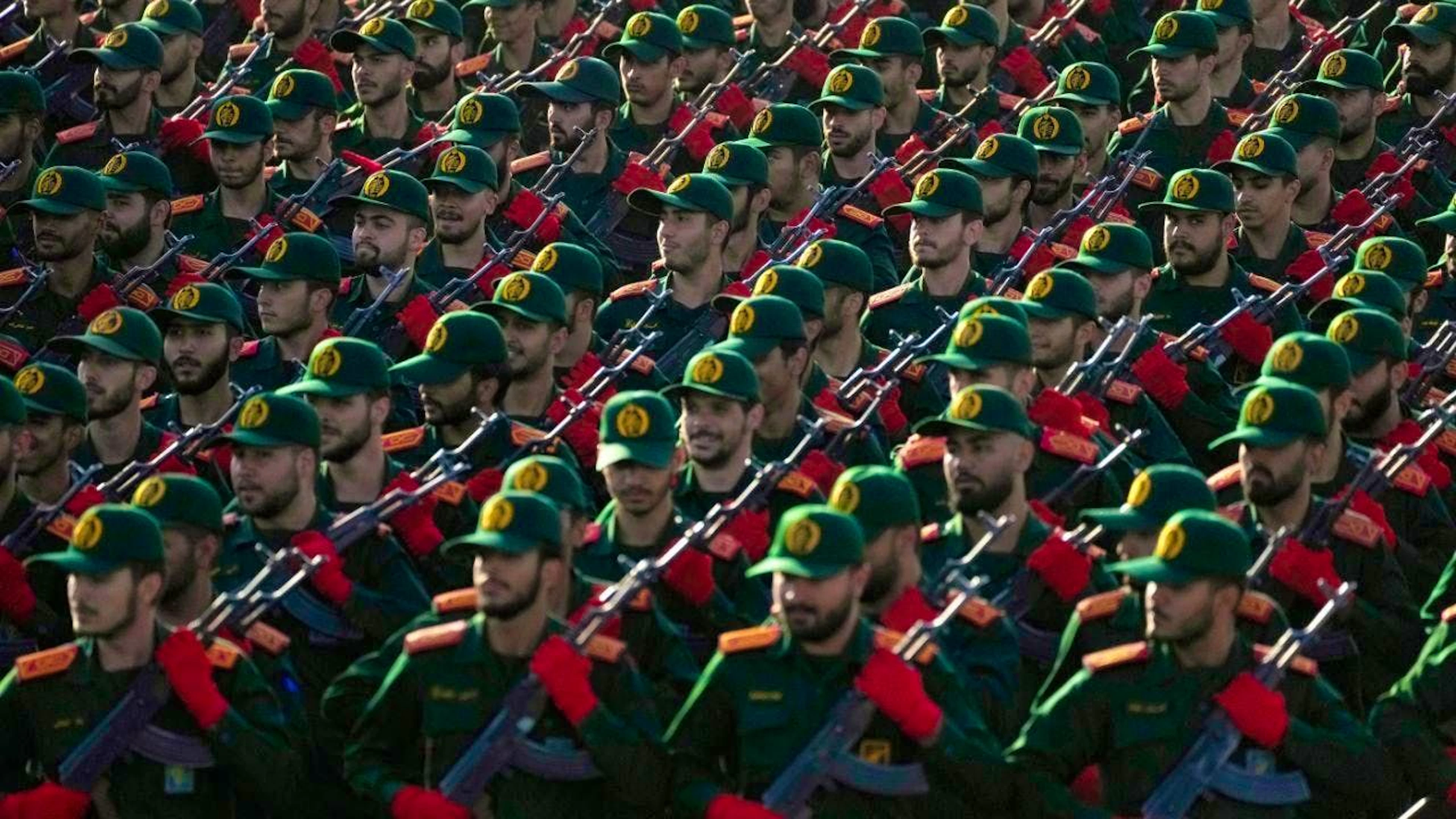 ARCHIVE - Iranian Revolutionary Guards cadets march in front of the shrine of the late revolutionary founder Ayatollah Khomeini near Tehran during an annual military parade marking the anniversary of the start of the war against Iran by former Iraqi dictator Saddam Hussein 44 years ago. Photo: Vahid Salemi/AP/dpa