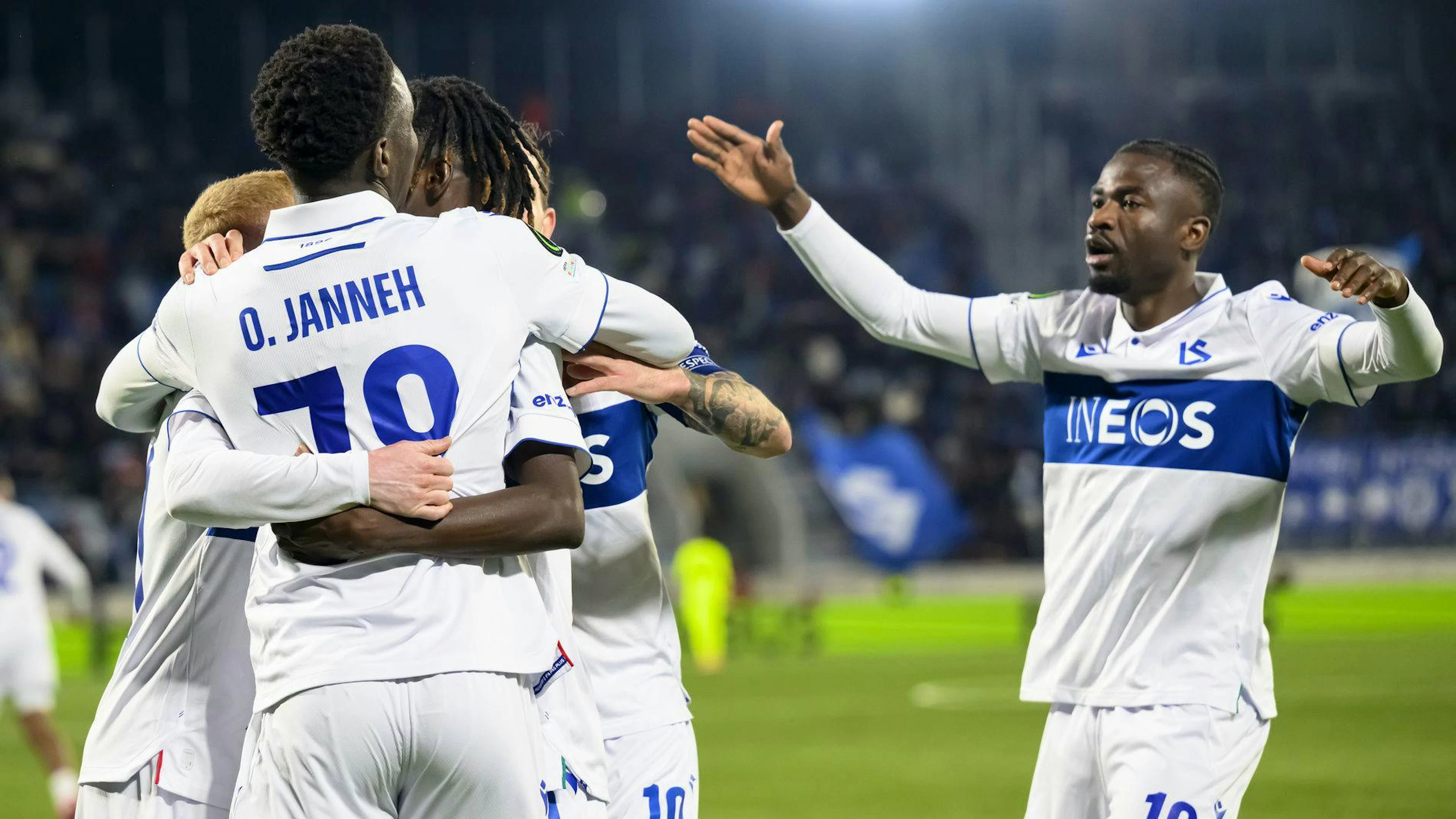 Lausanne's Omar Janneh, left, celebrates with Lausanne's Nicky Beloko, right, after the 1 to 1 goal during the second leg of the UEFA Conference League play-off match between FC Lausanne-Sport, LS, against SK Sigma Olomouc of Czechia, at the stade de la Tuiliere stadium, in Lausanne, Switzerland, Thursday, February 26, 2026. (KEYSTONE/Laurent Gillieron)