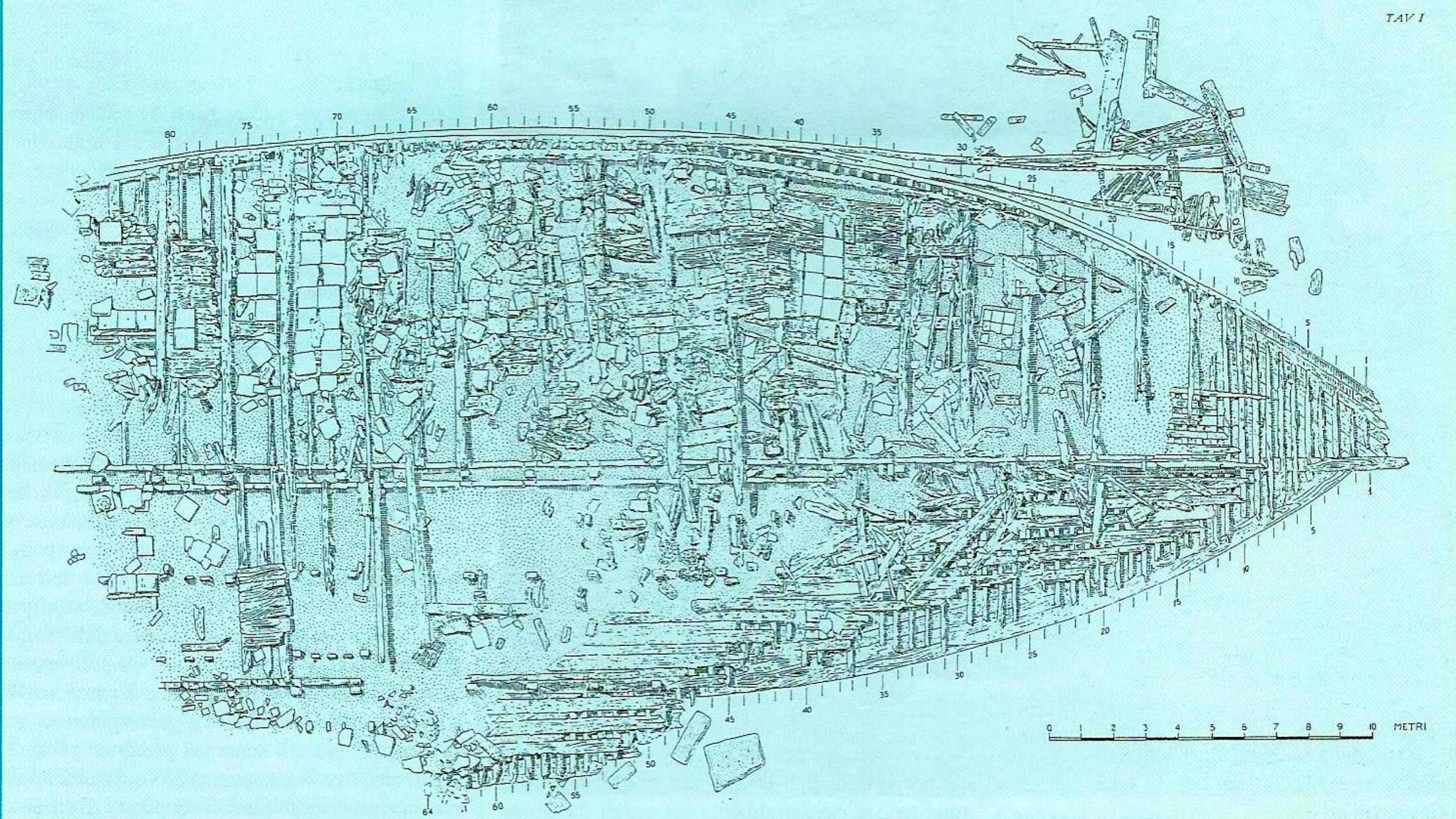 Disegno di rilievo della prima nave di Nemi durante lo scavo: l'immagine dettagliata documenta la struttura dello scafo, la sovrastruttura e i manufatti sparsi - la base per la ricostruzione scientifica dell'antica e magnifica nave.