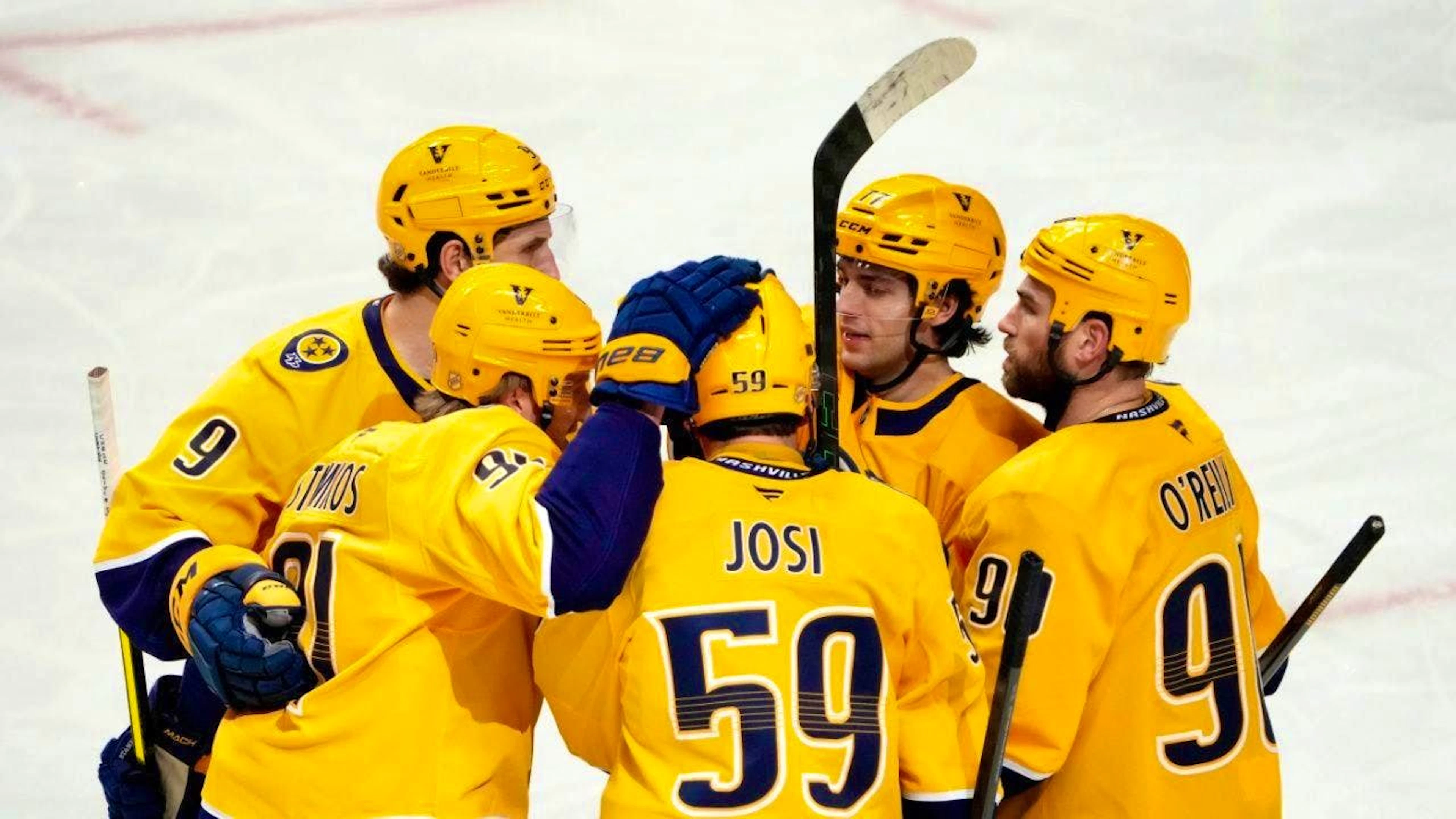 The Nashville Predators with captain Roman Josi celebrate the win against the Winnipeg Jets
