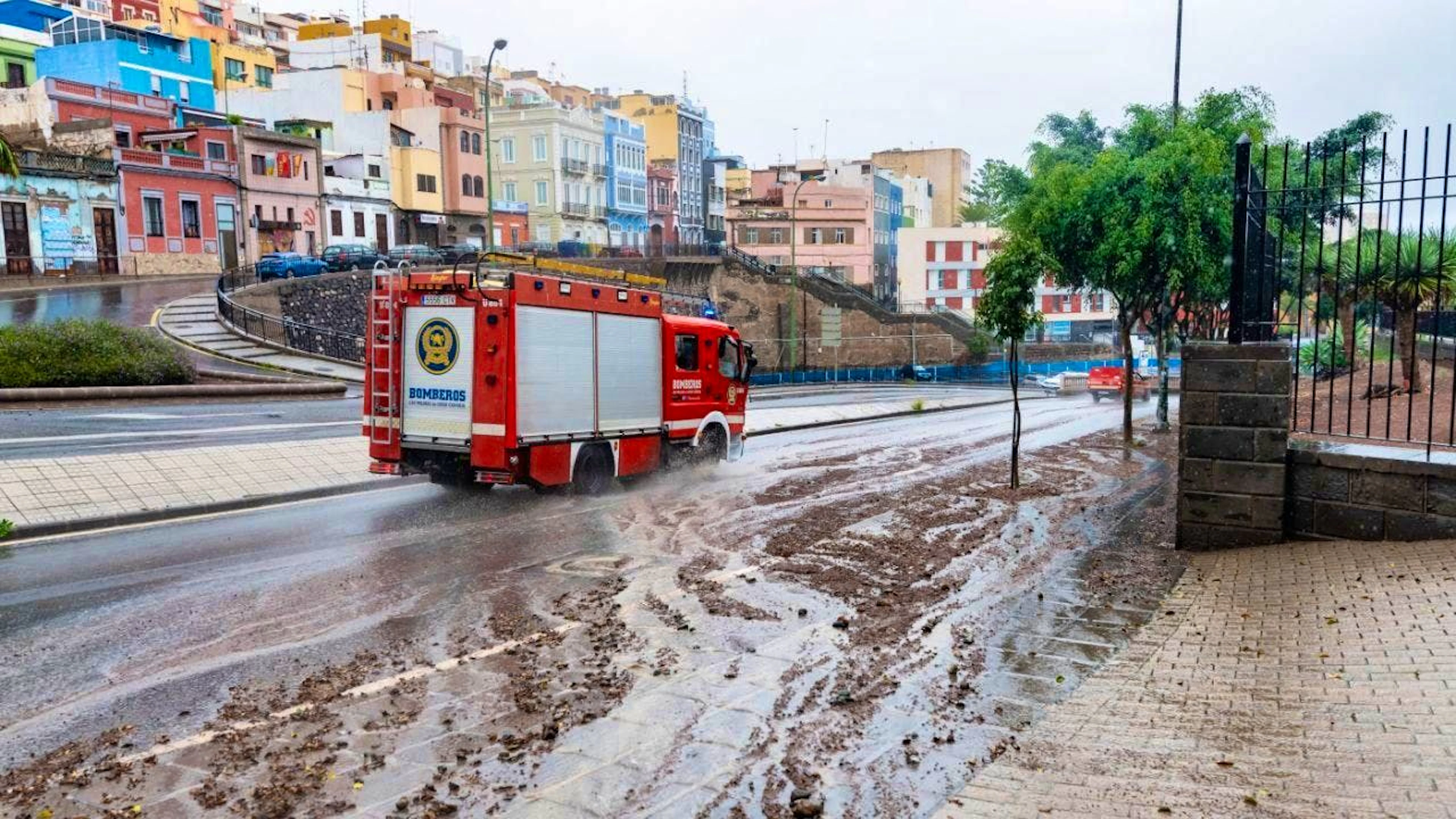 ARCHIVE - A fire engine drives along a muddy road after rain. Photo: Europa Press/EUROPA PRESS/dpa