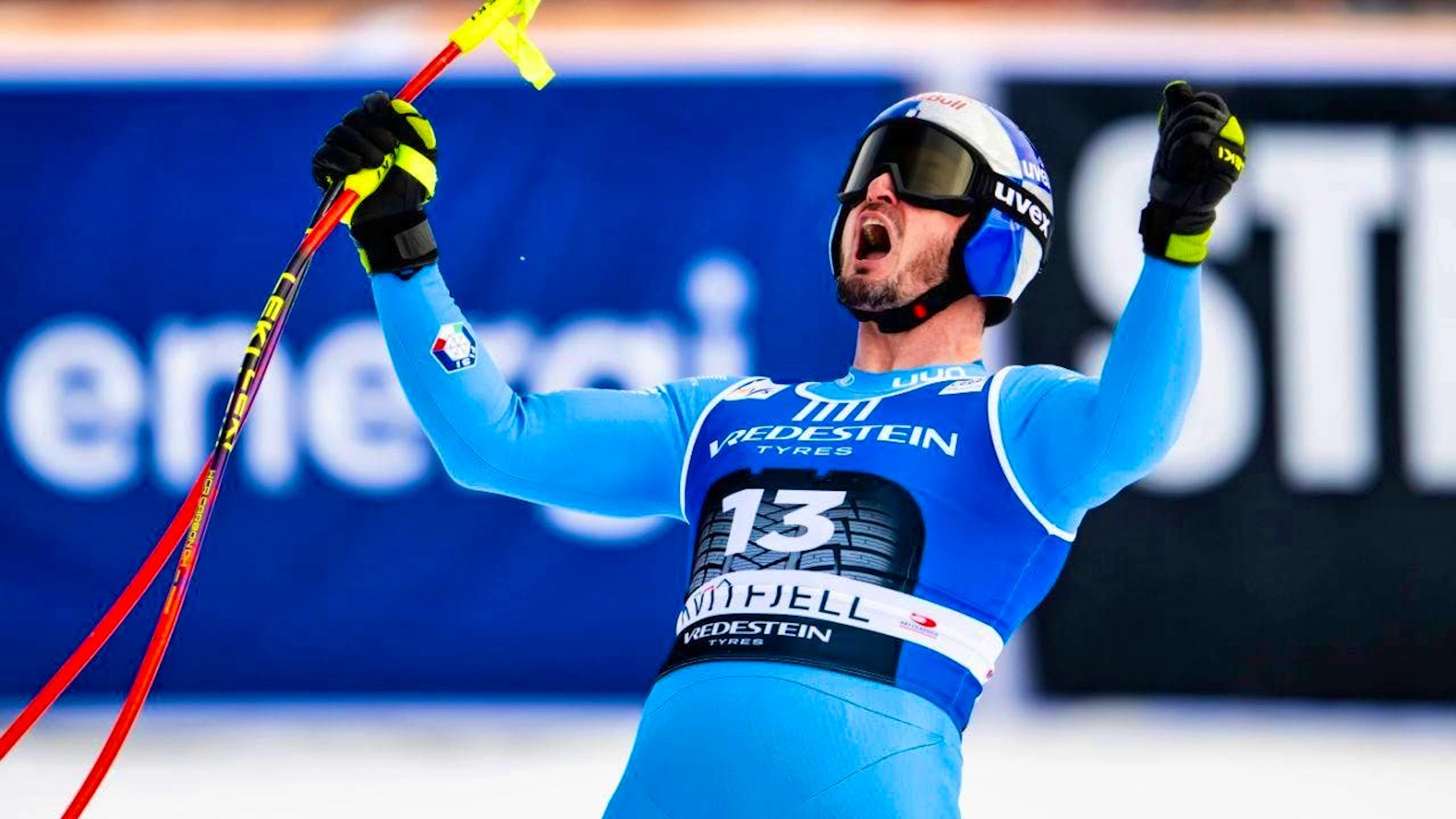 Dominik Paris celebrates in the last downhill race of the 2025/26 season