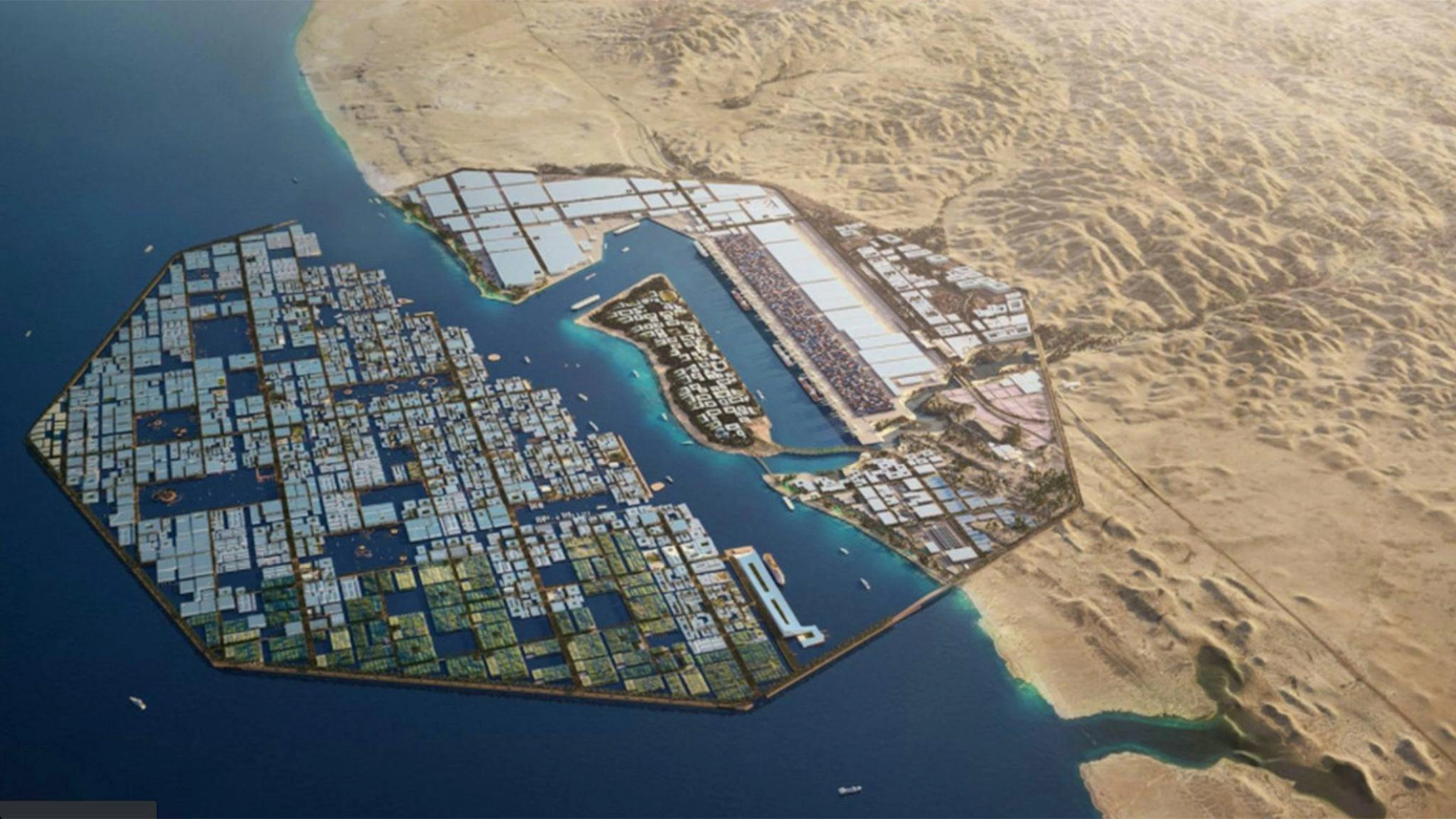 Oxagon aus der Vogelperspektive: Das Rendering zeigt die geplante Hafen- und Industriestadt am Roten Meer. Der Hafen ist teilweise bereits in Betrieb, der Ausbau läuft weiter.