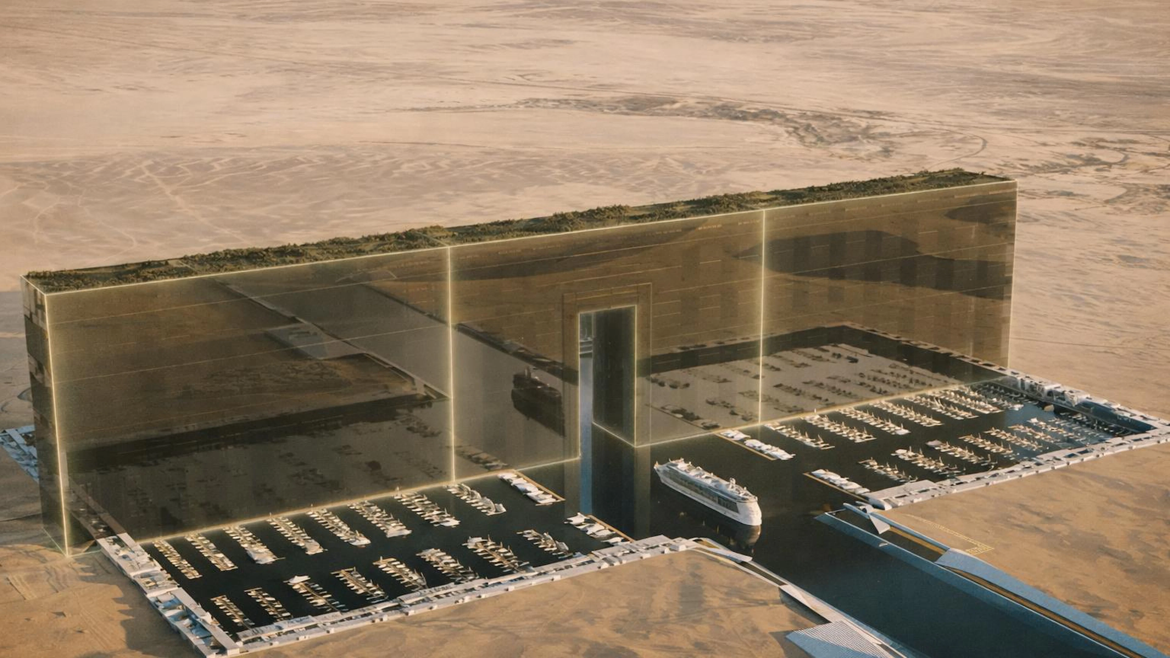 Gigantisch geplant, wohl stark verkleinert: Dieses Rendering zeigt den spektakulären Eingang von «The Line» am Roten Meer. Statt 170 Kilometern könnte bis 2030 nur ein rund 2,4 Kilometer kurzer Abschnitt entstehen – aus der Megastadt wird ein Pilotprojekt.