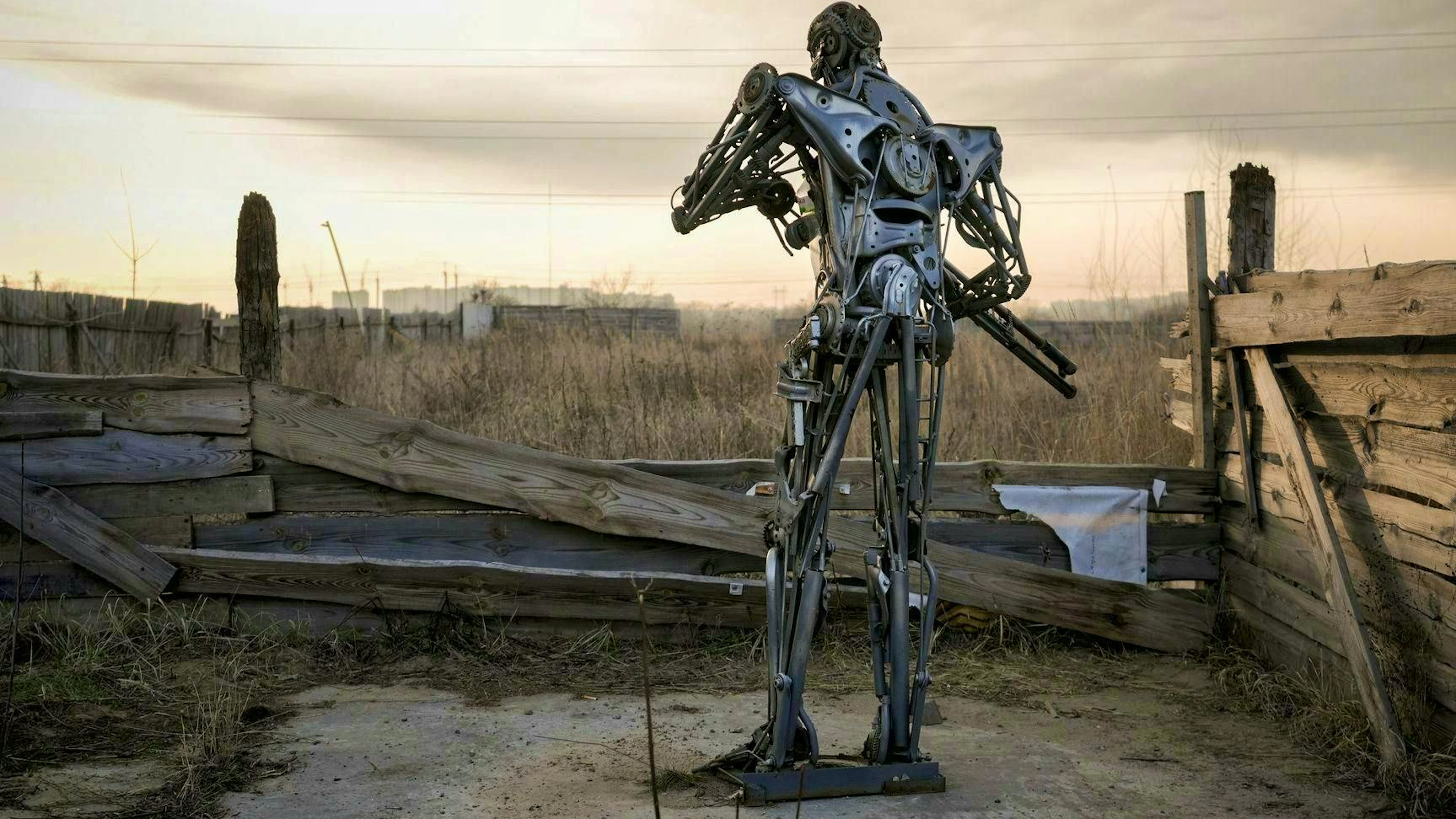 A "Terminator" figure made of scrap metal at a checkpoint in Kiev, photographed on March 25, 2022 shortly after the outbreak of war.