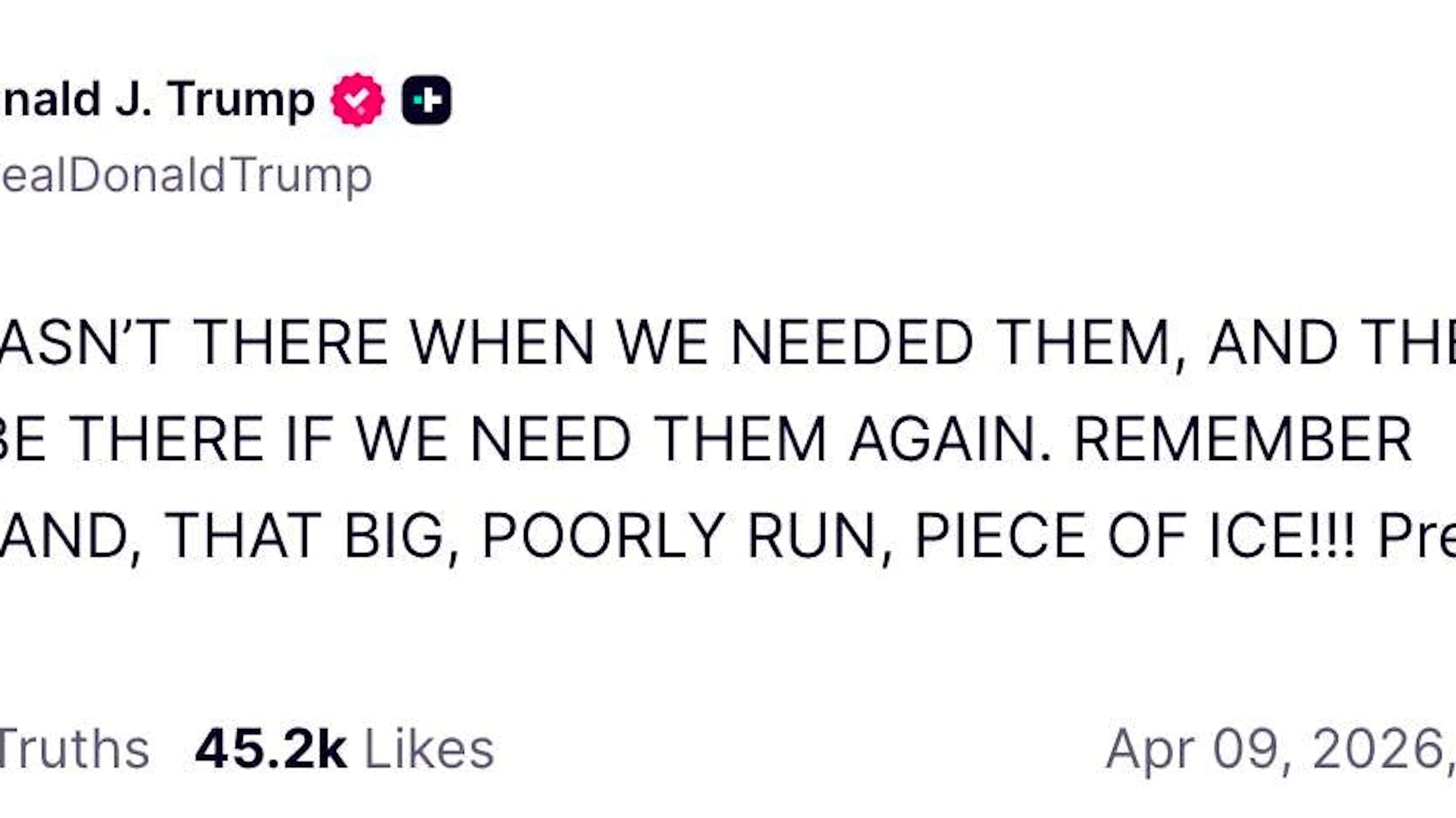 Trump's <a target="_blank" rel="nofollow" href="https://truthsocial.com/@realDonaldTrump/posts/116371693008302124">post</a> from April 9.