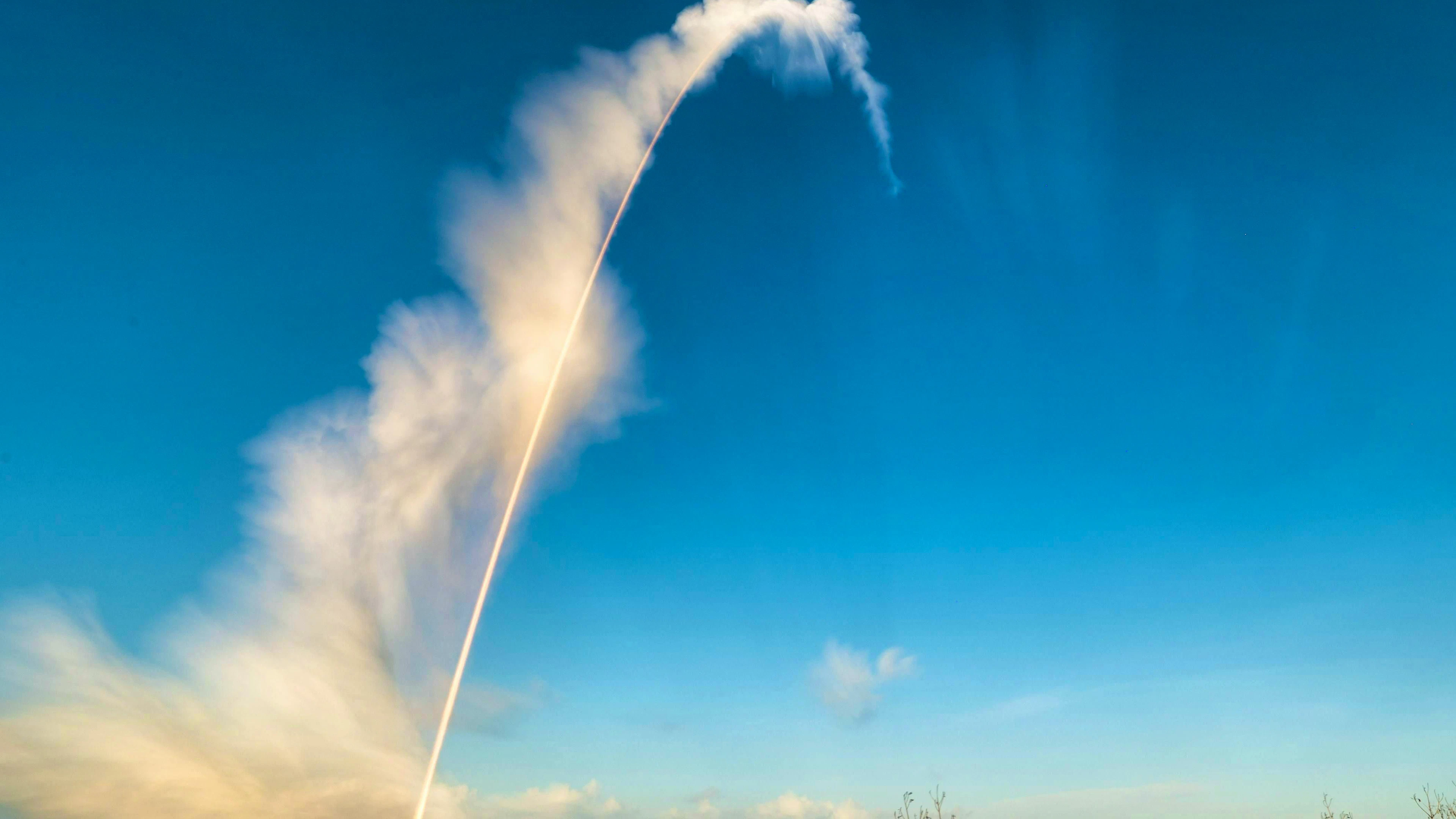 A three-minute exposure of the Space Launch System rocket.