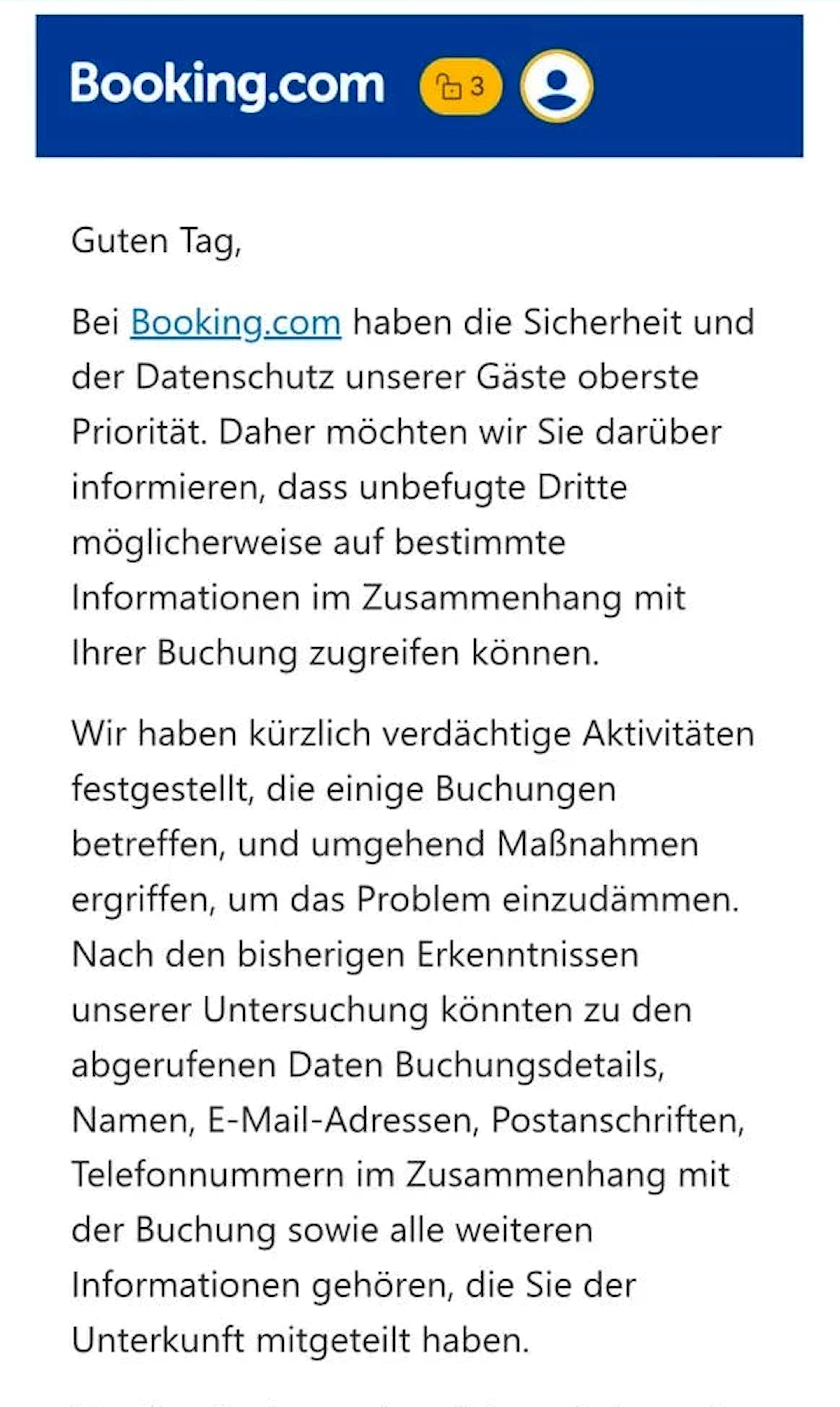 Booking.com hat seine Kunden umgehend informiert.