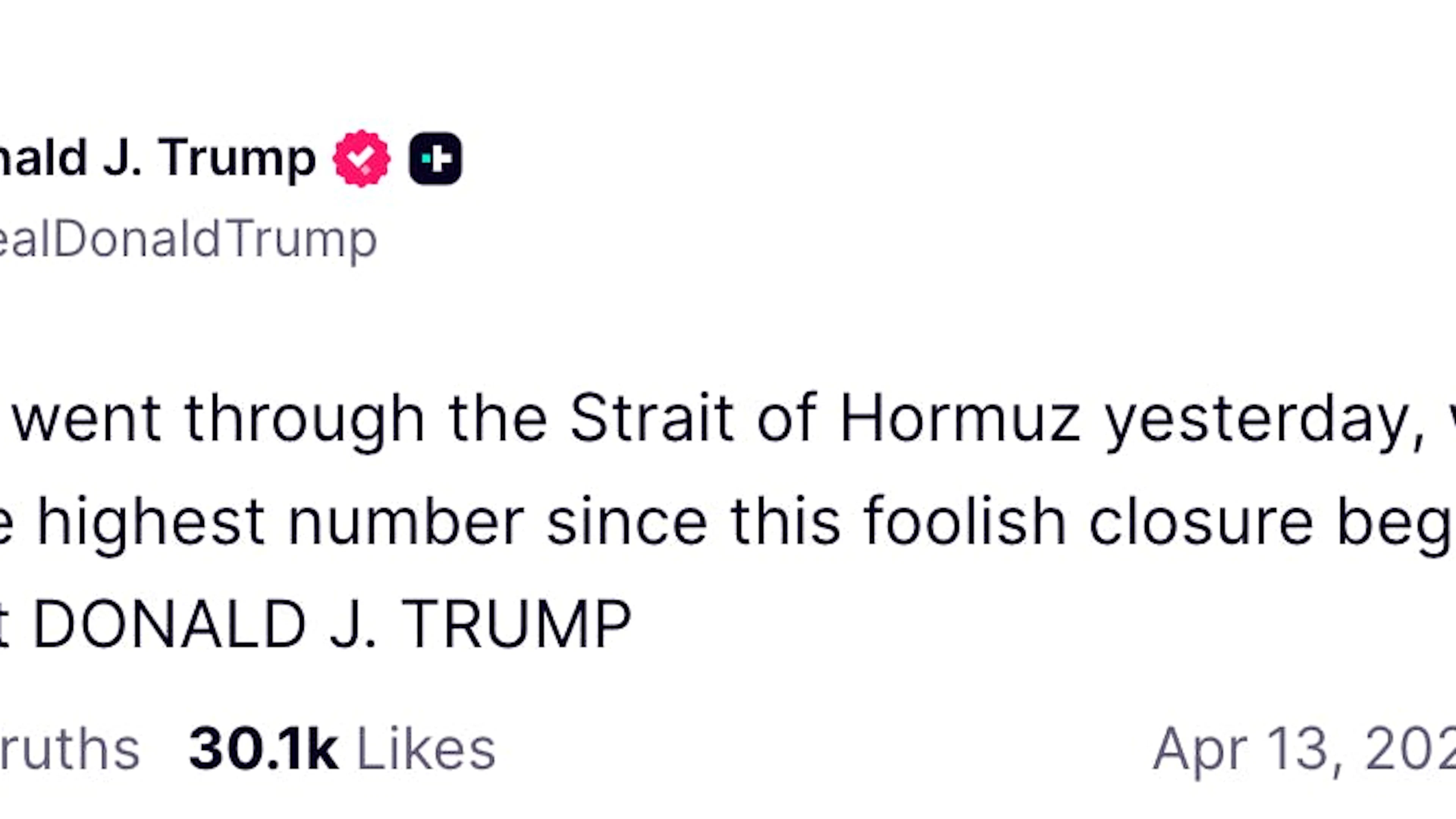 Trumps <a target="_blank" rel="nofollow" href="https://truthsocial.com/@realDonaldTrump/posts/116398358272601798">Post</a> vom 13. April.
