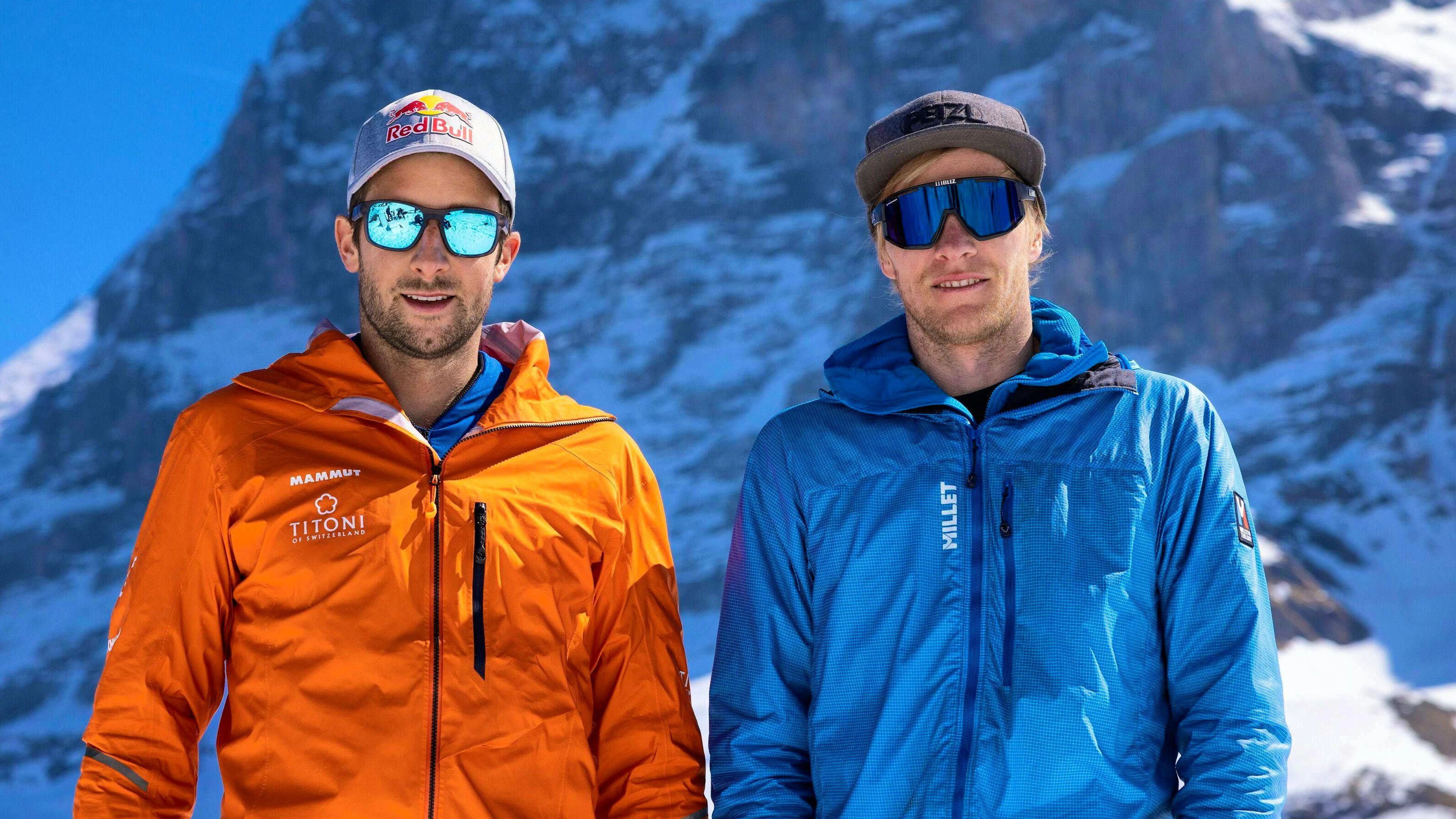 Nicolas Hojac with Philipp Brugger in front of the north face of the Eiger.