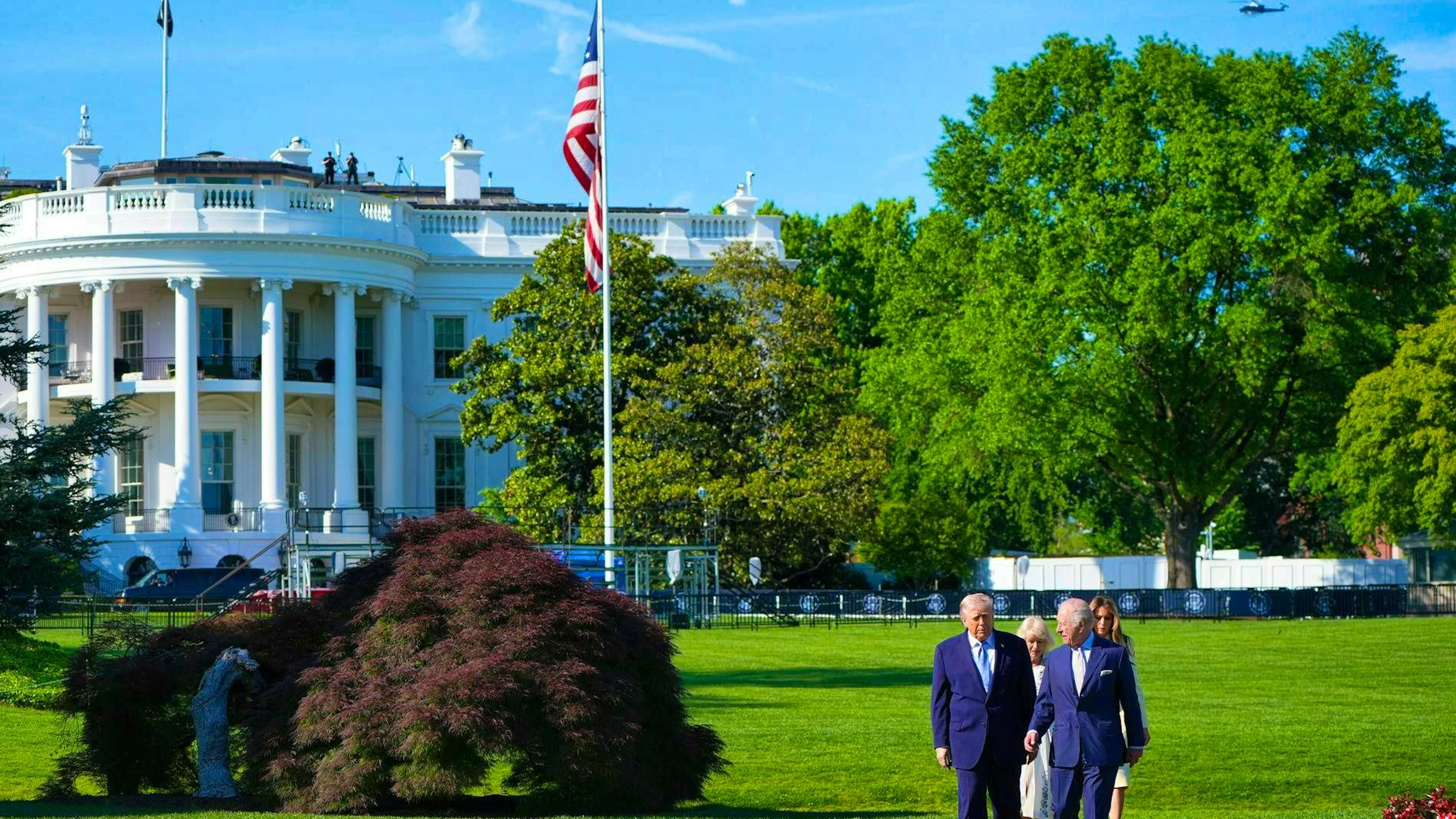 US President Donald Trump, King Charles, Queen Camilla and Melania Trump in front of the White House.