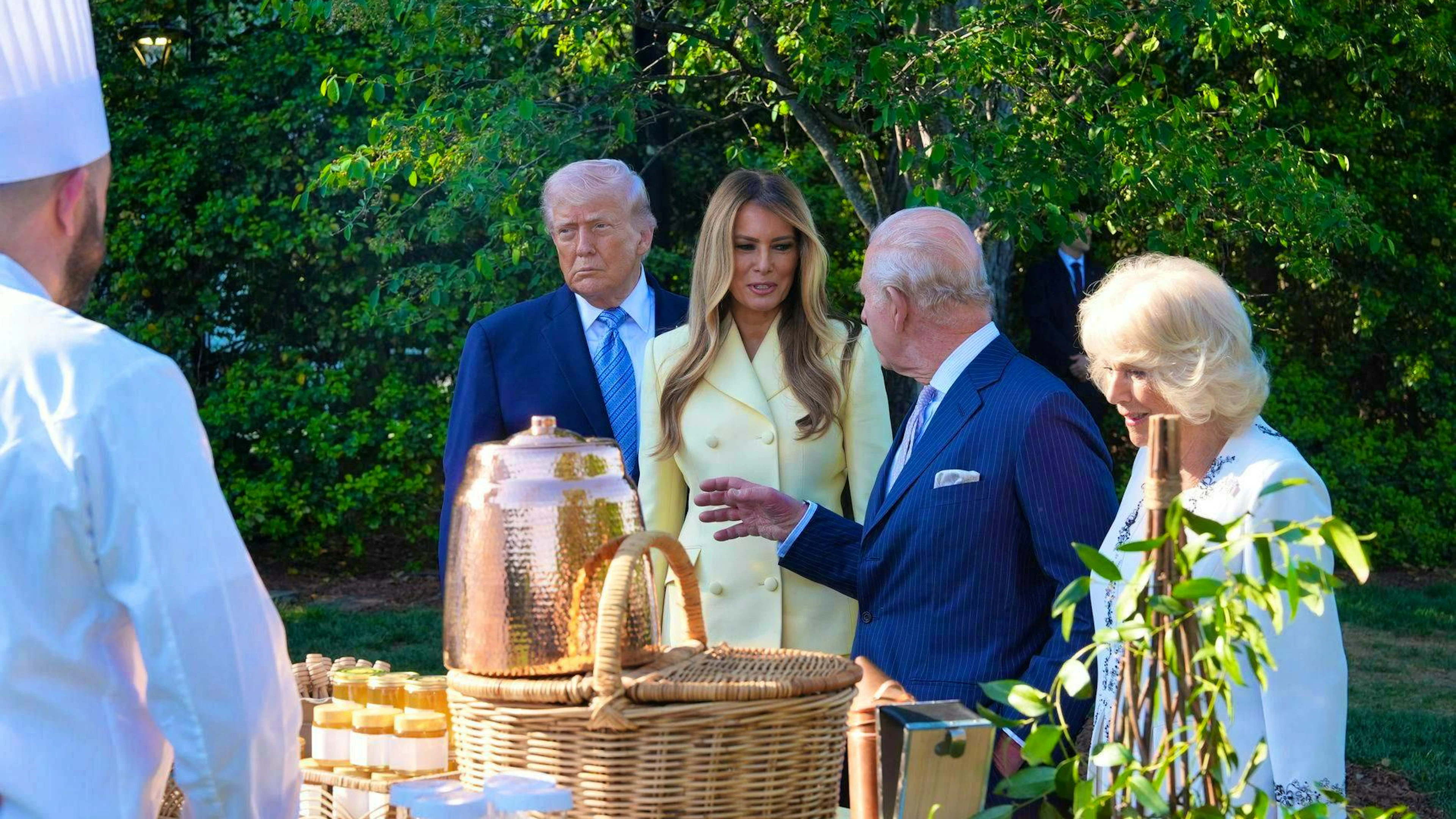 King Charles talks to Melania Trump in the garden of the White House.