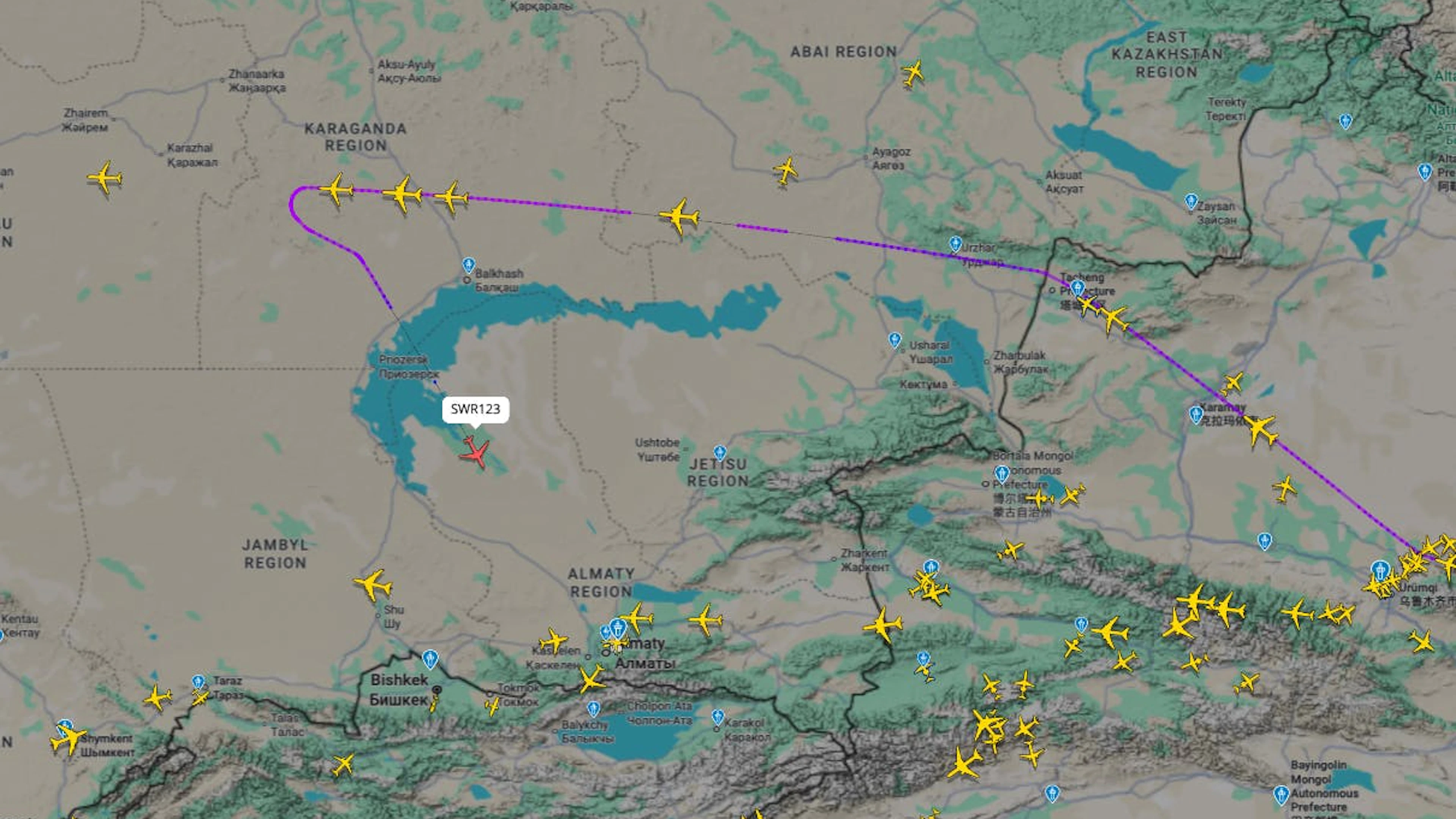 Auf der Plattform Flightradar24 ist zu erkennen, wie das Flugzeug abdreht.