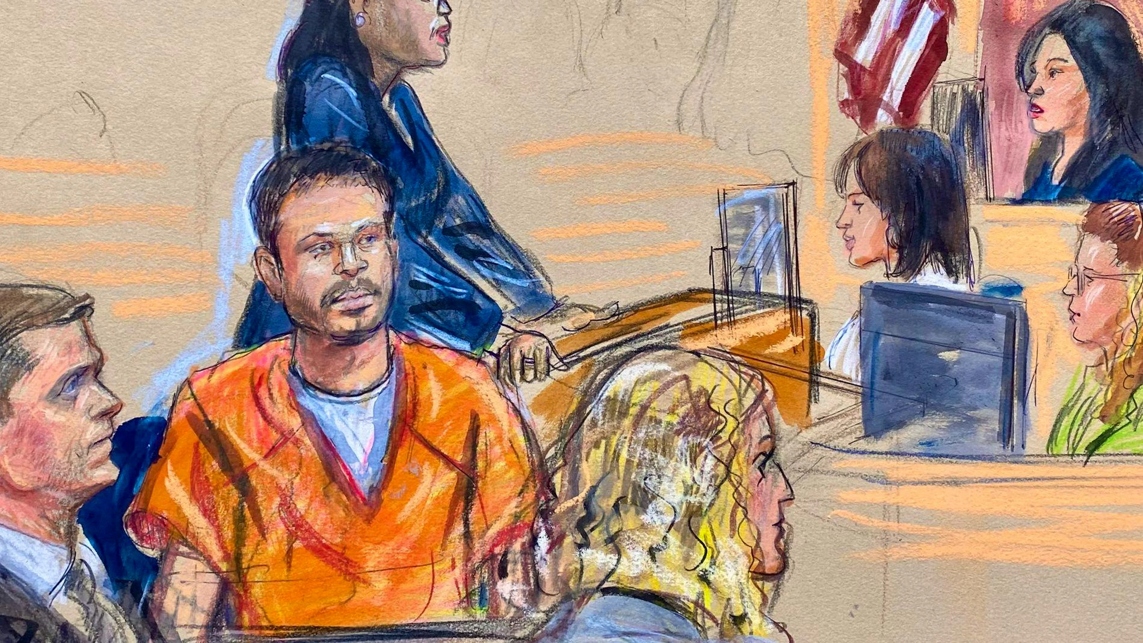 Ce croquis réalisé au tribunal représente Cole Tomas Allen, assis au centre, cet homme originaire de Californie arrêté lors de la fusillade survenue lors du dîner des correspondants à Washington, alors qu'il comparaissait devant la juge fédérale Moxila Upadhyaya, au tribunal fédéral, le jeudi 30 avril 2026 à Washington. (Dana Verkouteren via AP)