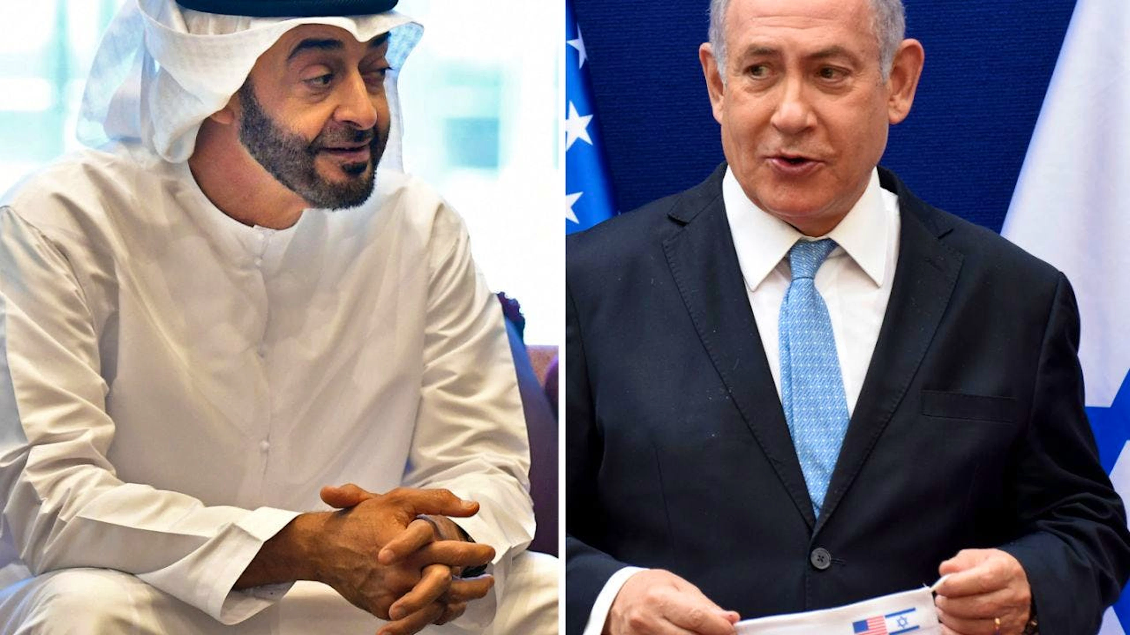ARCHIV – Die Bildkombination zeigt den Kronprinz der Vereinigten Arabischen Emirate (VAE), Mohammed bin Sajid al-Nahjan, und Benjamin Netanjahu, Ministerpräsident von Israel. Foto: Debbi Hill/Pool UPI/AP/dpa/Archivbilder