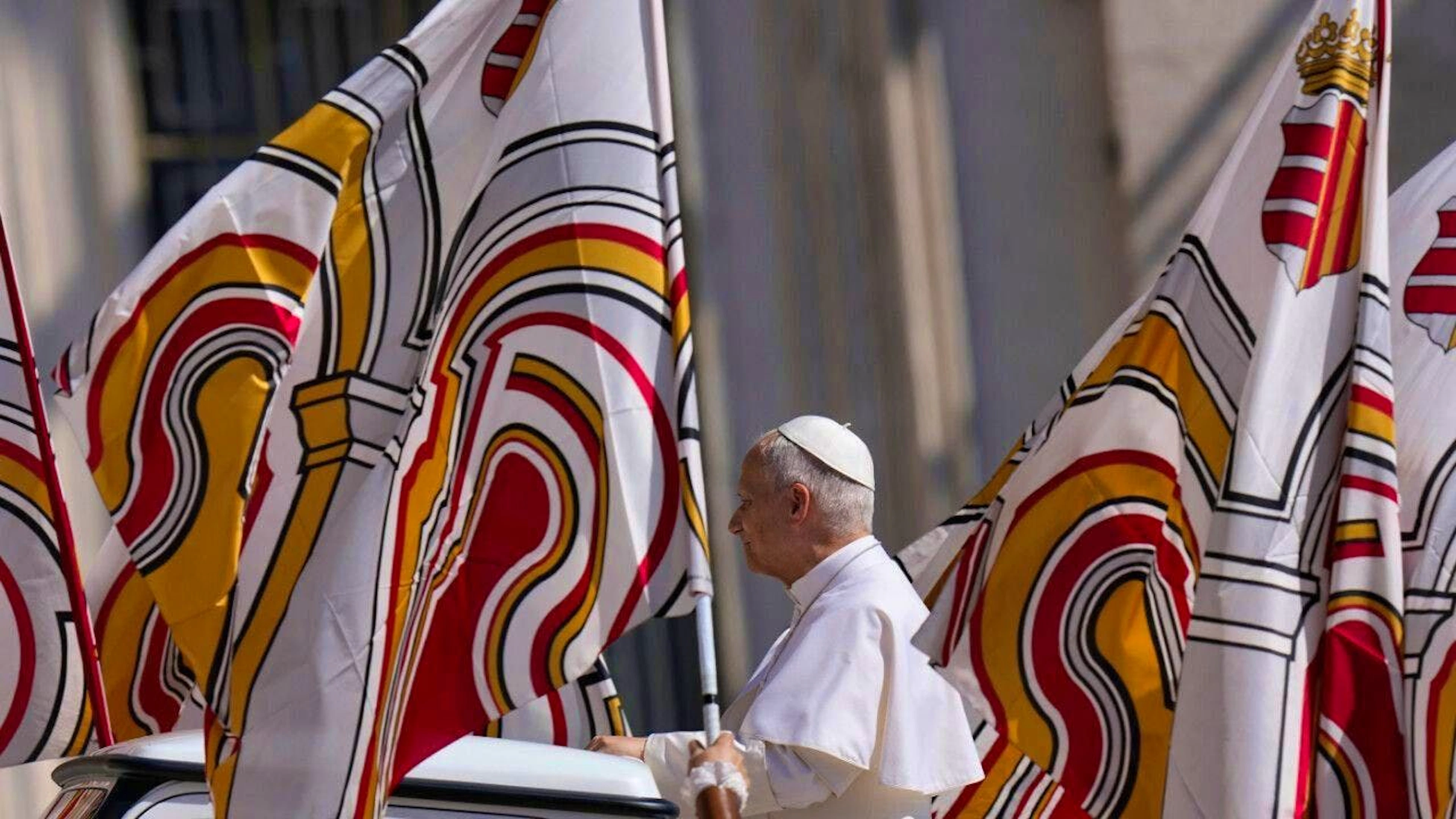 Pope Leo XIV arrives for his weekly general audience in St. Peter's Square at the Vatican. Photo: Alessandra Tarantino/AP/dpa