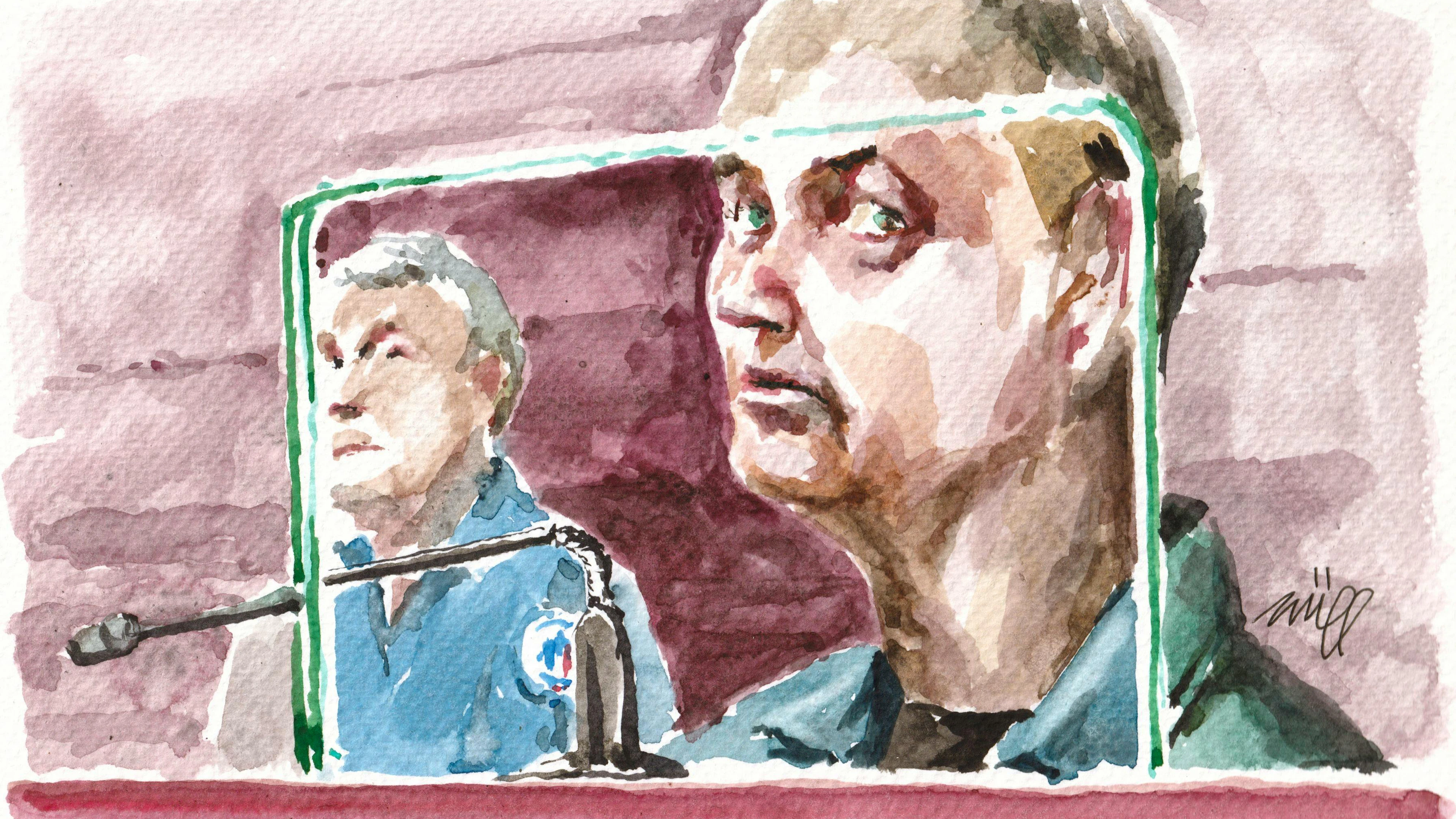 Ce croquis réalisé le 19 mai 2026 montre Martin Ney, accusé de l'enlèvement et du meurtre de Jonathan Coulom, âgé de 10 ans et disparu en avril 2004, dans la salle d'audience lors du premier jour de son procès à Nantes, dans l'ouest de la France.