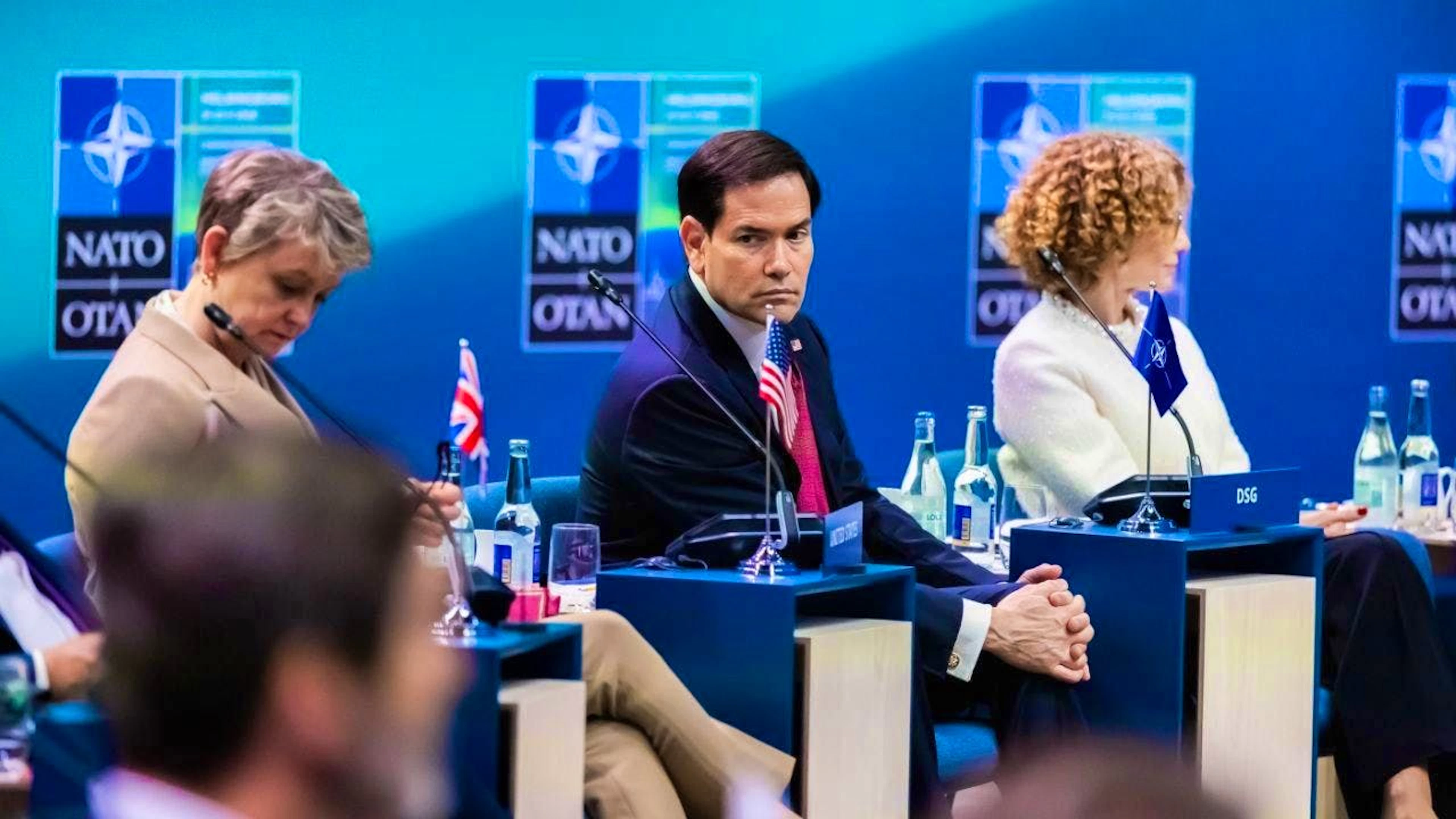 Marco Rubio (M), Secretary of State of the United States of America, takes part in the working session of the NATO foreign ministers' meeting. Photo: Christoph Soeder/dpa