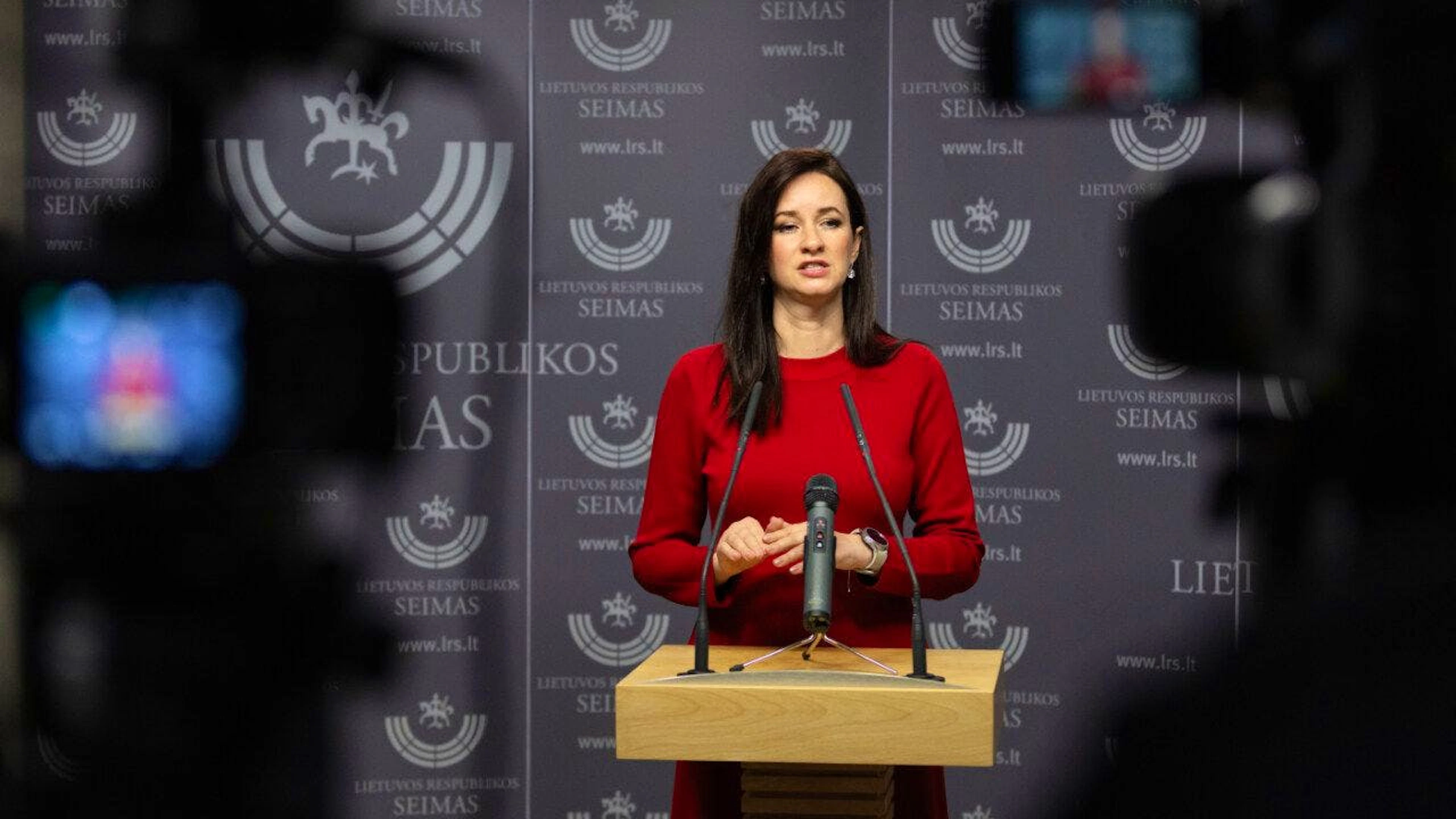 ARCHIV – Die neu gewählte litauische Ministerpräsidentin Inga Ruginiene spricht zu den Medien im Parlament in Vilnius. Foto: Mindaugas Kulbis/AP/dpa