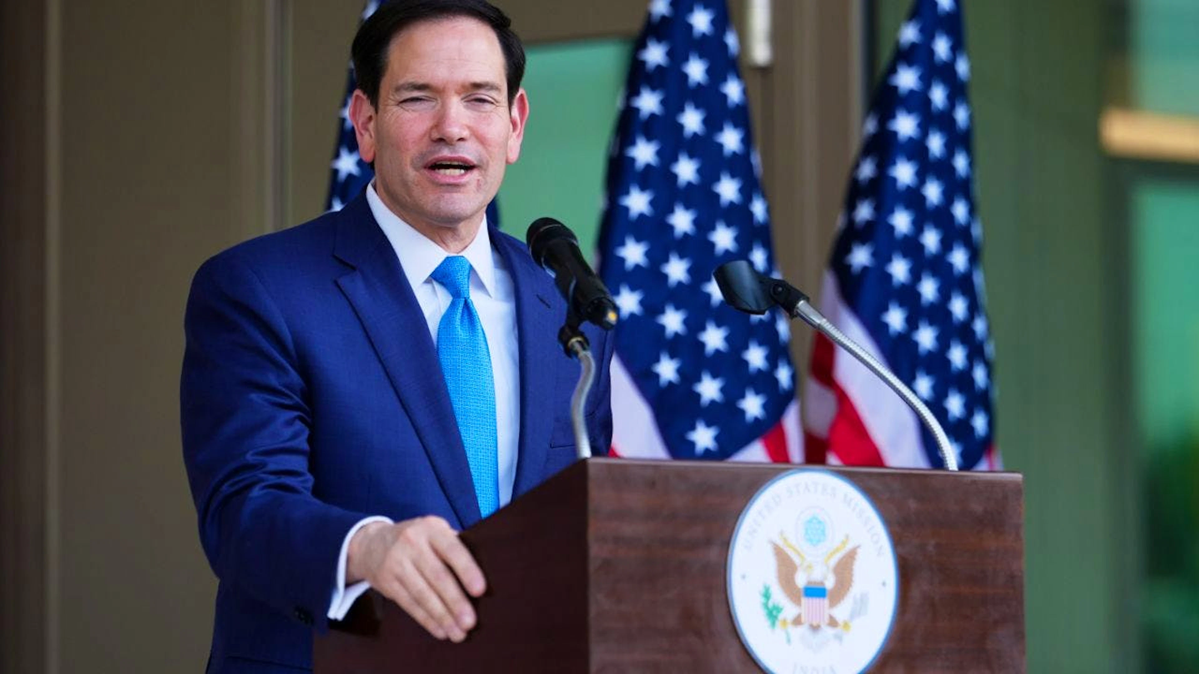 US-Aussenminister Marco Rubio spricht bei einer Einweihungszeremonie für ein Nebengebäude der US-Botschaft in Neu-Delhi. Foto: Julia Demaree Nikhinson/Pool AP/AP/dpa