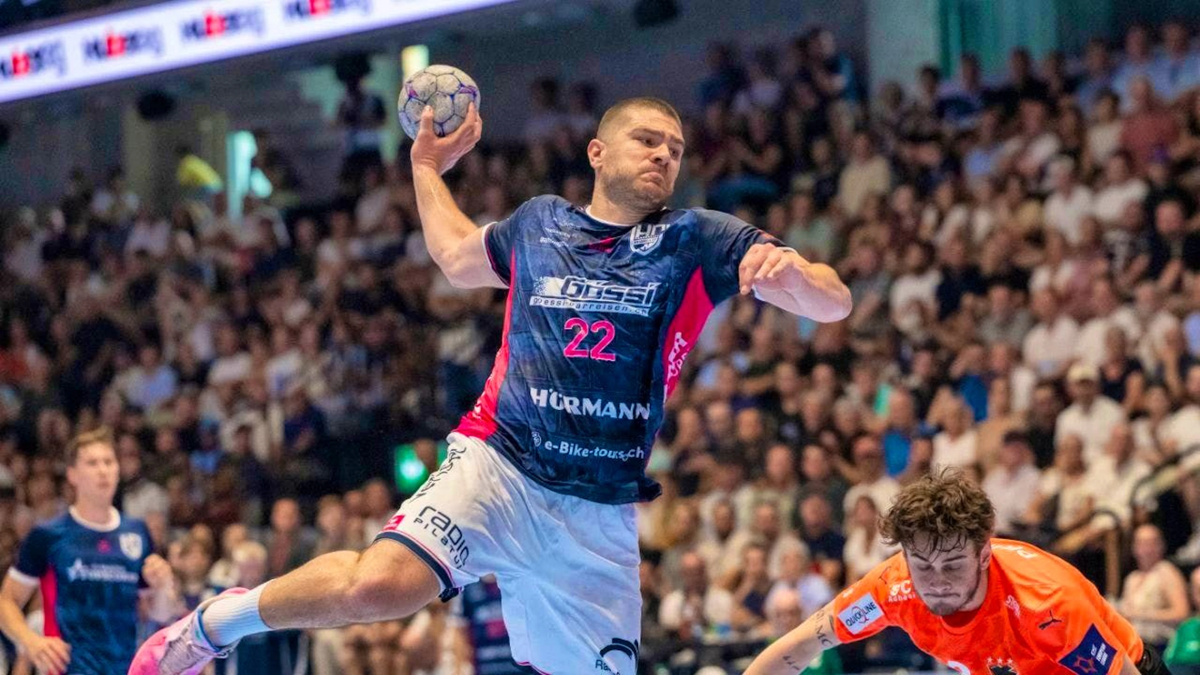 Kriens-Lucerne's Marin Sipic, a powerful shooter, puts the ball in the Kadetten goal twelve times
