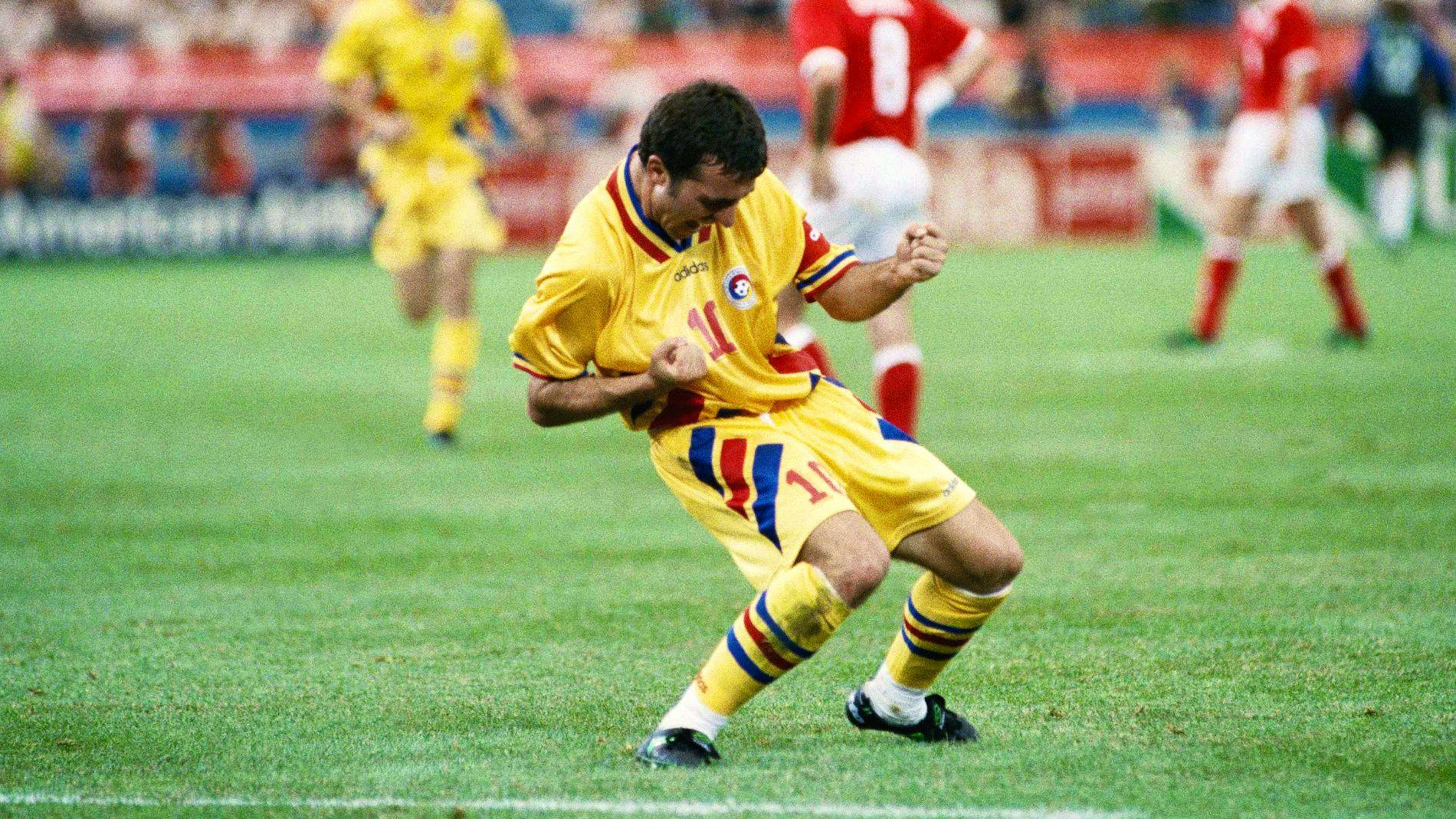 Romanian star Gheorghe Hagi celebrates his goal against Switzerland in a group stage match at the 1994 World Cup in the United States.