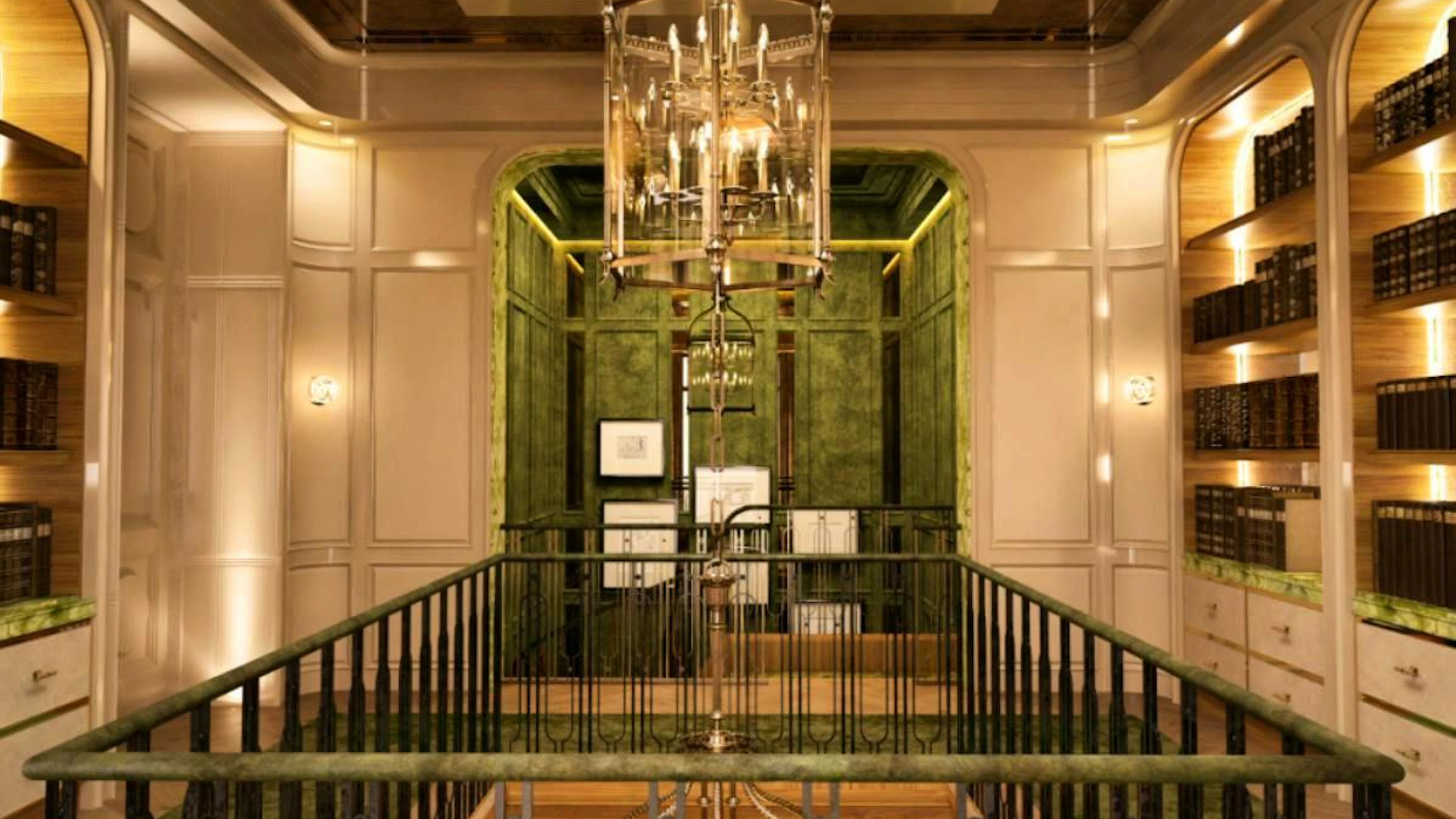 Una galleria al secondo piano di una biblioteca.