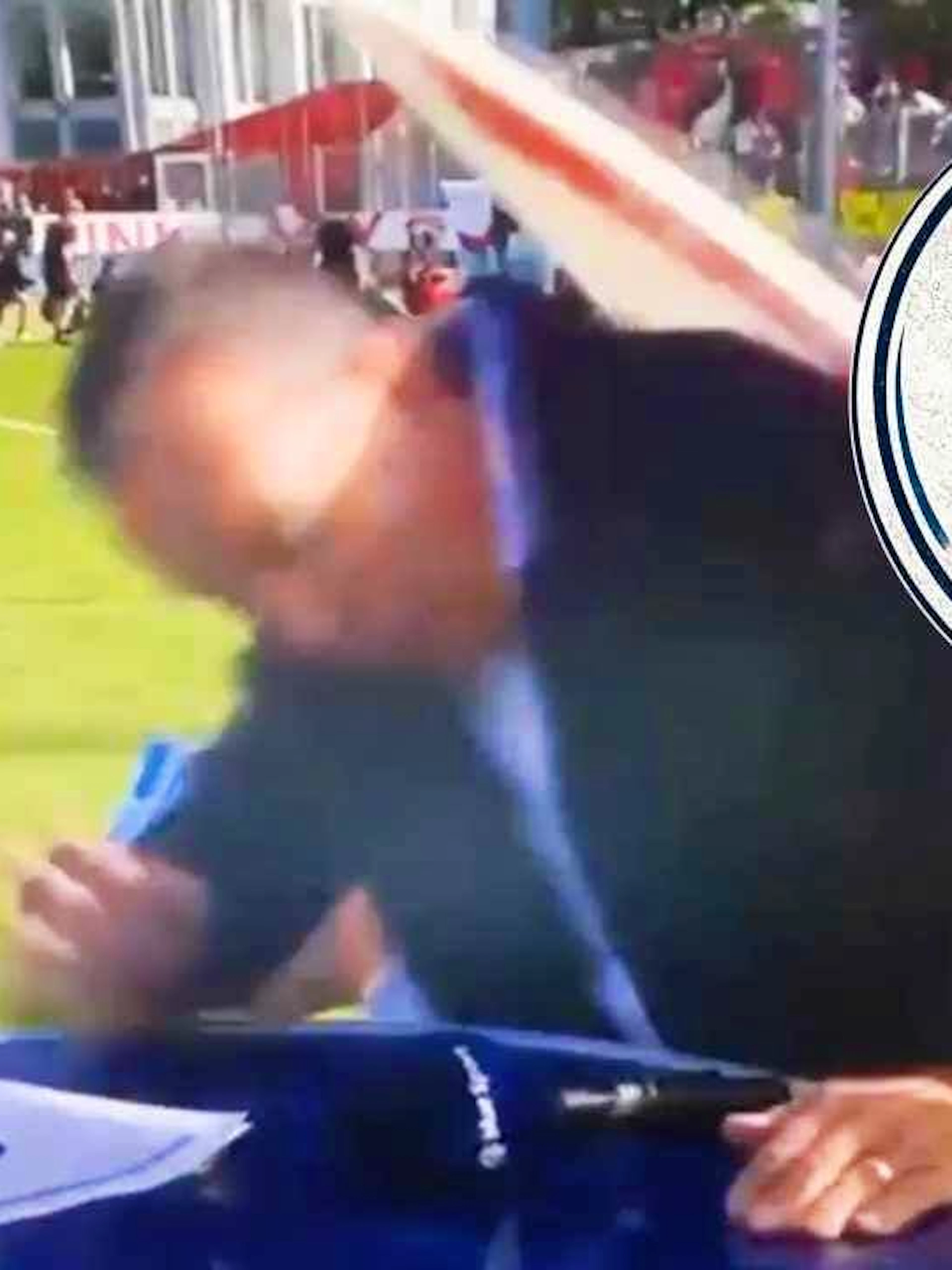 Ouch! Here, Bregy gets hit in the head by a billboard