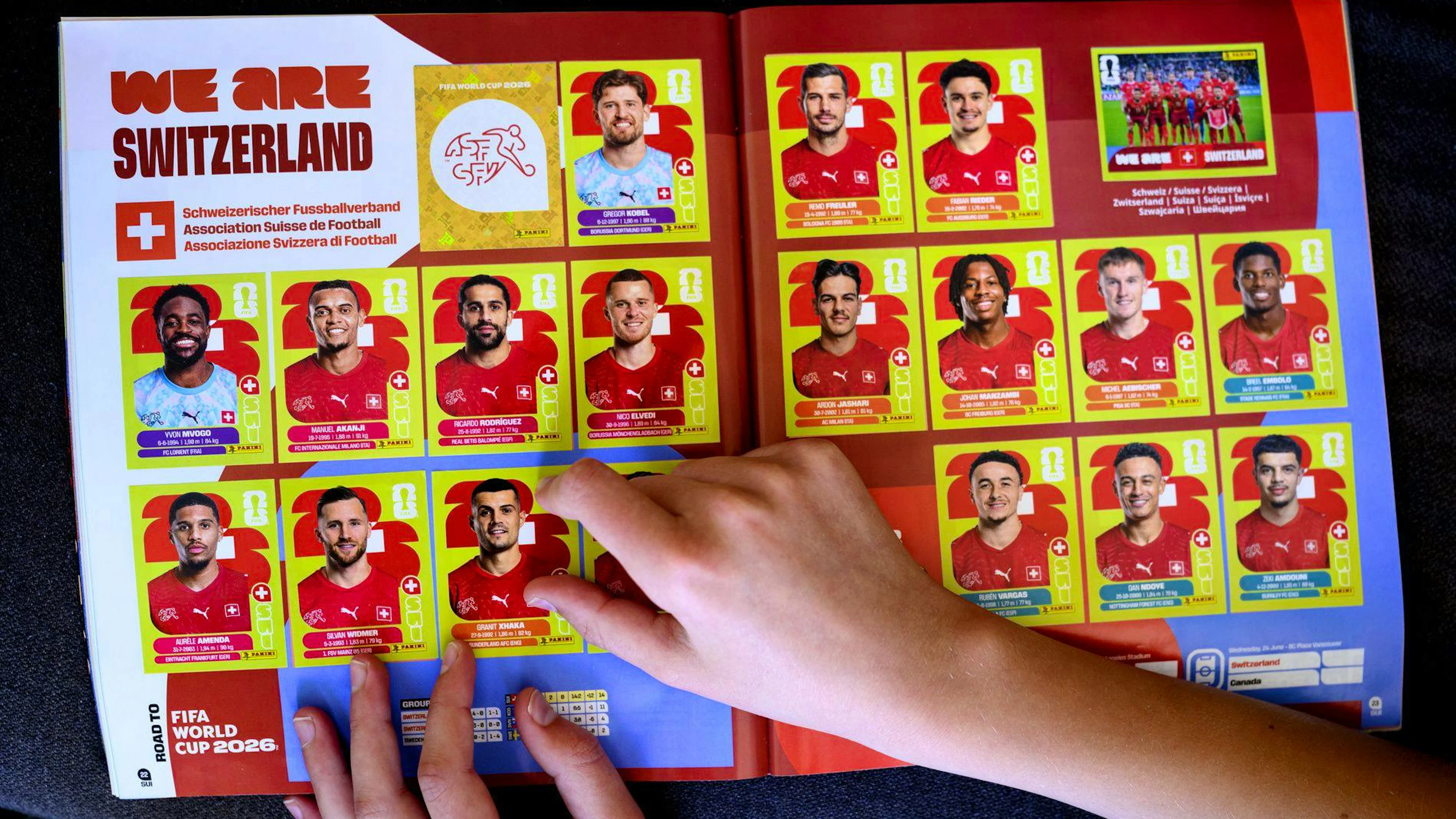 So sieht die Schweizer Doppelseite im Panini-Album zur WM 2026 aus.