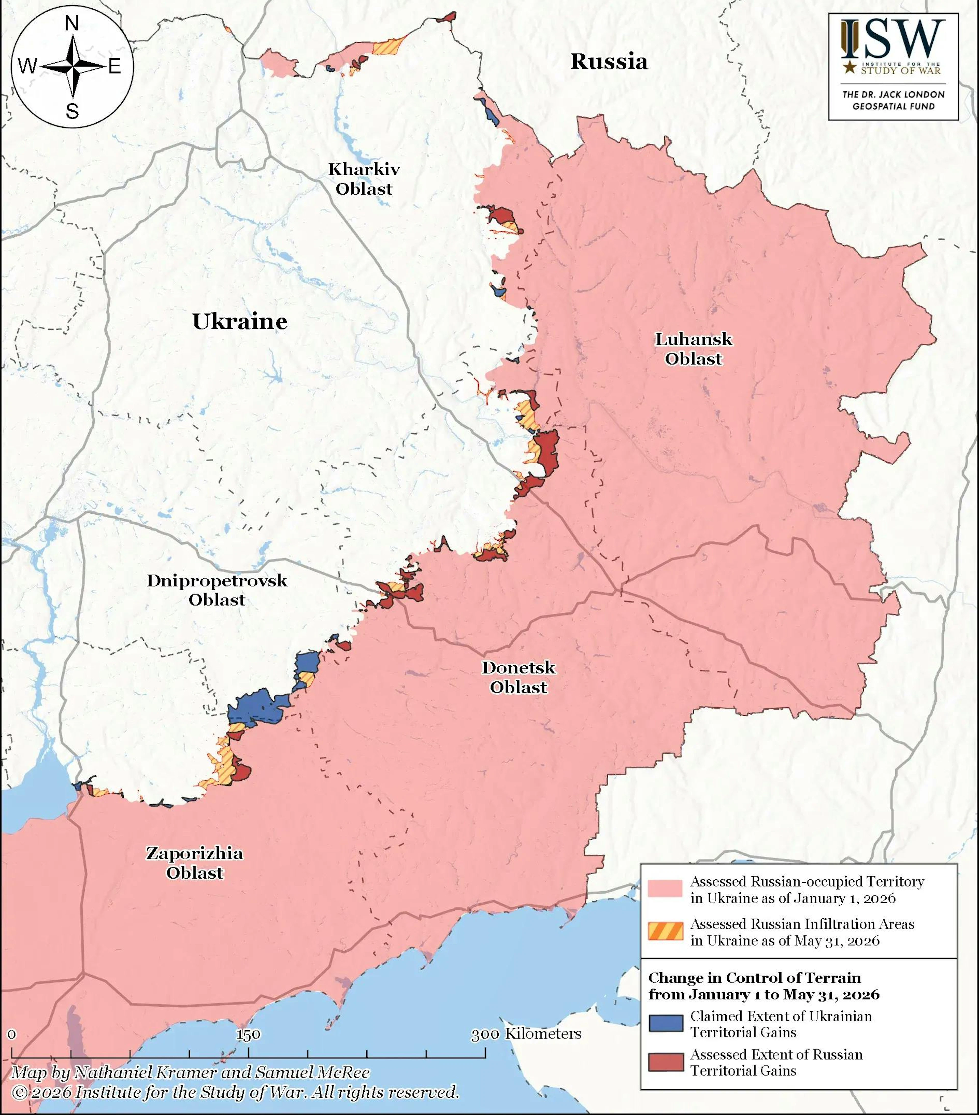 Gebietsgewinne und -verluste zwischen dem 1. Januar und 31. Mai <a target="_blank" rel="nofollow" href="https://understandingwar.org/research/russia-ukraine/russian-offensive-campaign-assessment-june-1-2026/">laut</a> dem <em>Institute for the Study of War.</em>