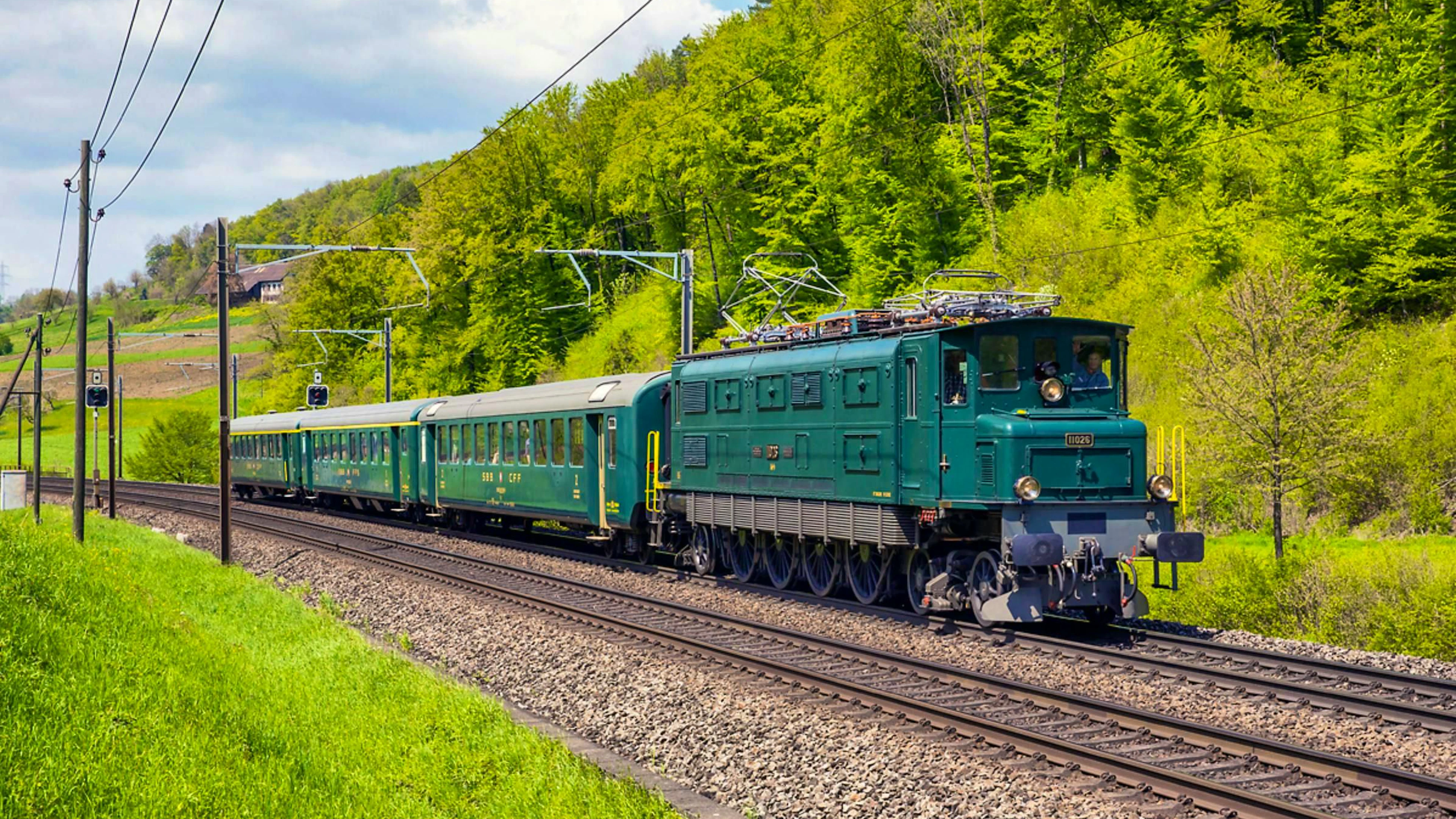 The historic electric locomotive Ae 4/7 11026 is emblematic of the pioneering days of electrification on the Swiss railroads and still pulls nostalgic trains through Switzerland today.