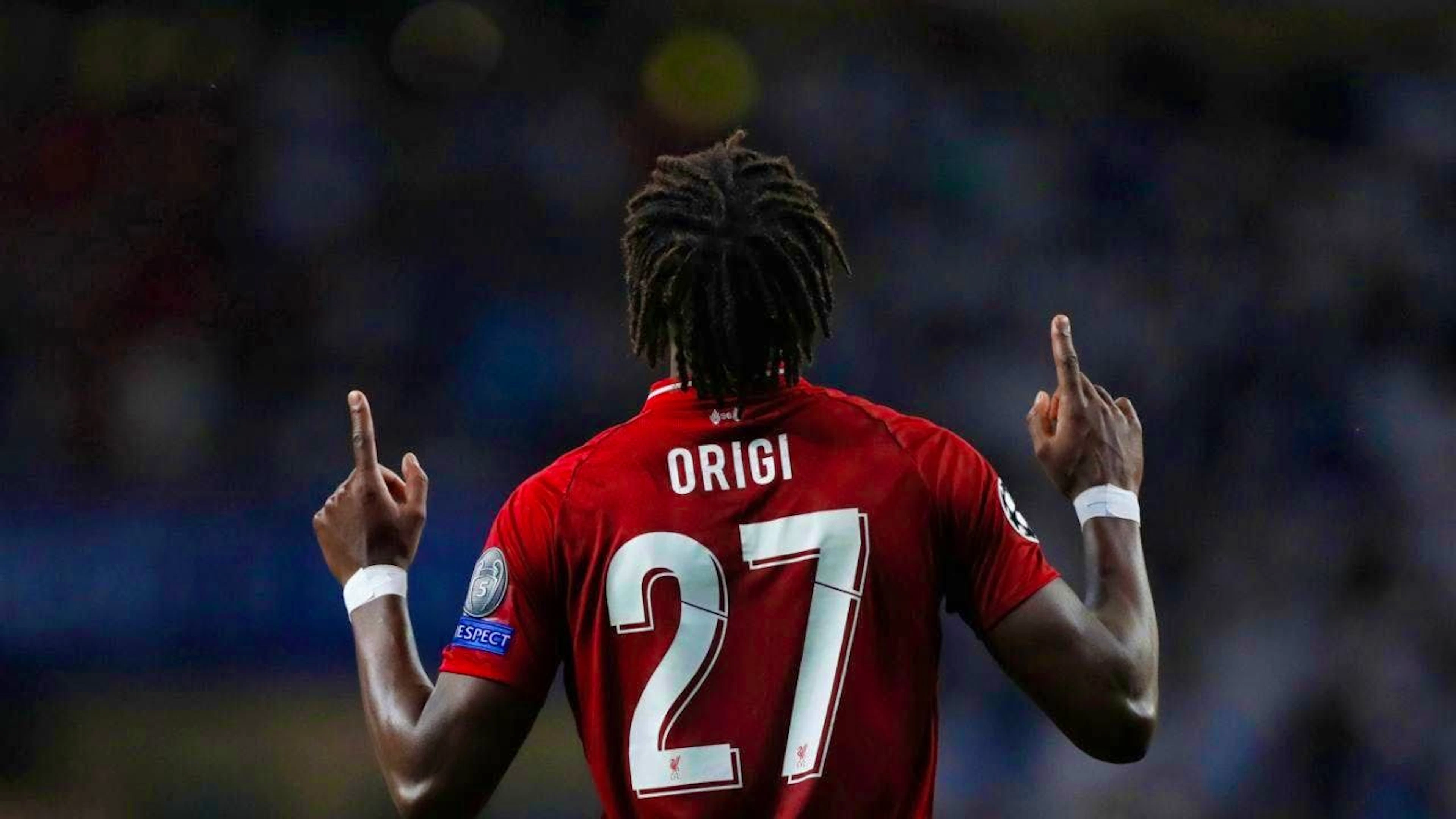 Divock Origi celebrates scoring 2-0 in the 2019 Champions League final against Tottenham