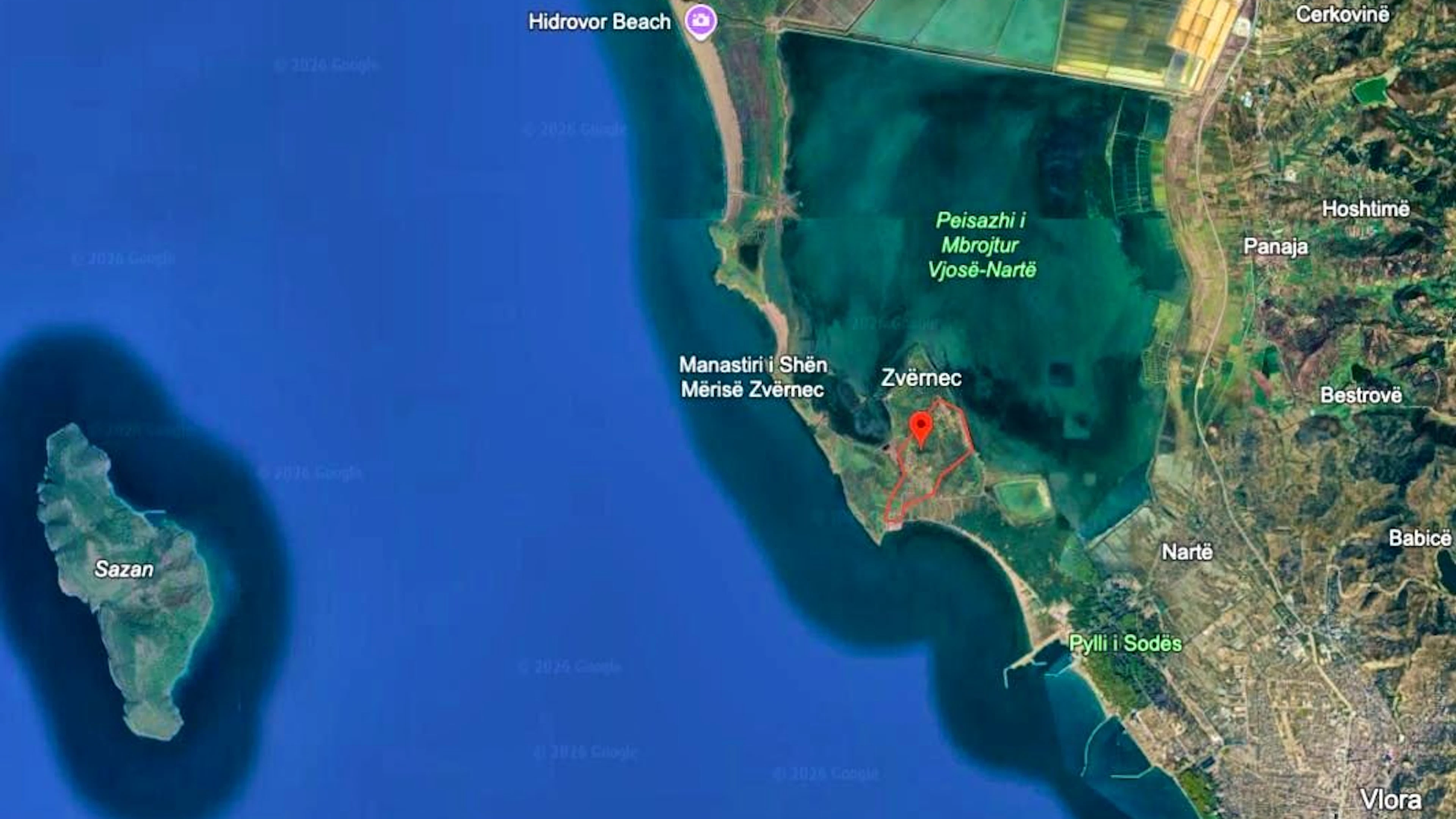 Sazan, the Narta lagoon and the village of Zvërnec on the Adriatic coast.