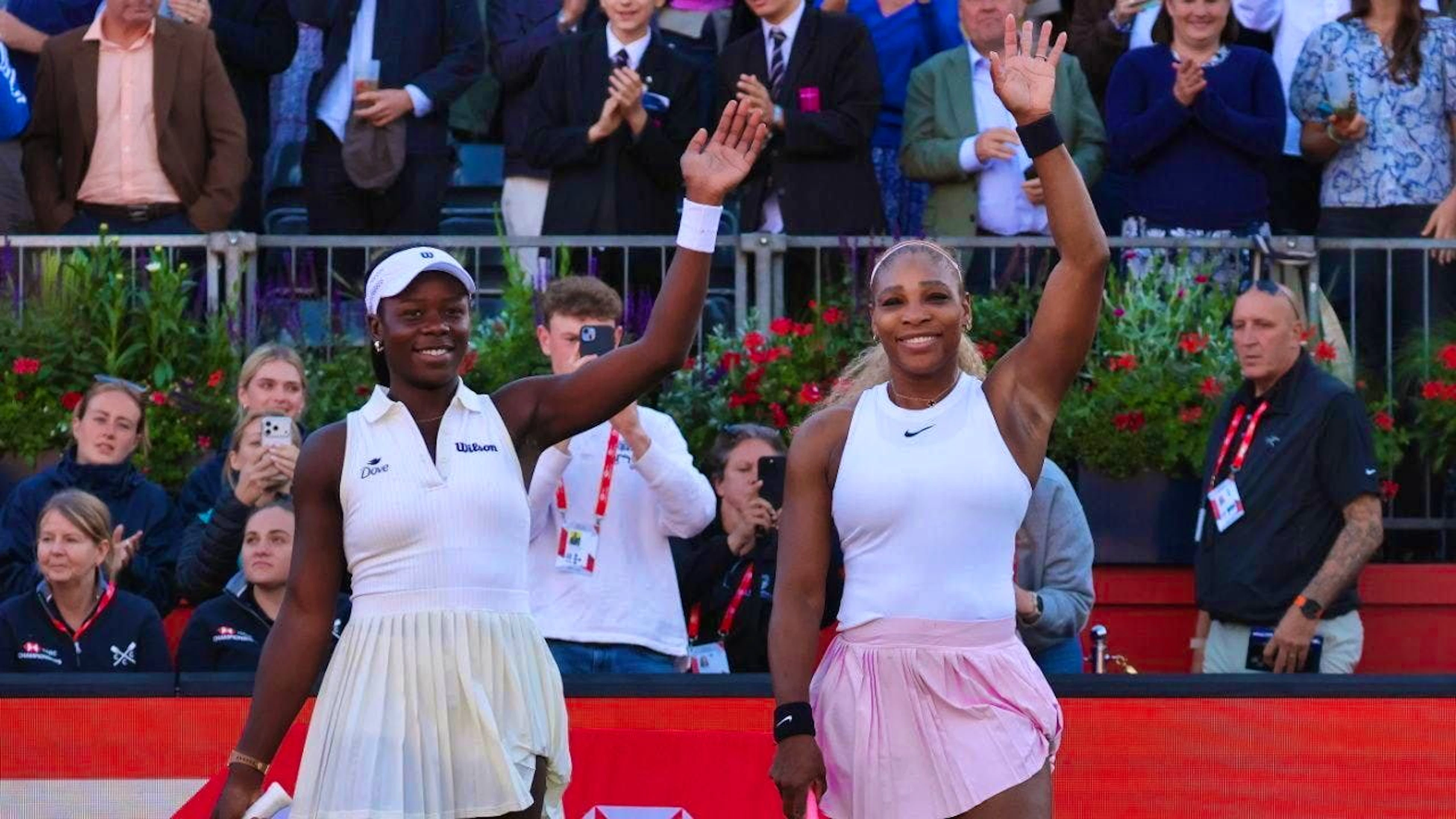 Serena Williams (right) alongside her doubles partner Victoria Mboko