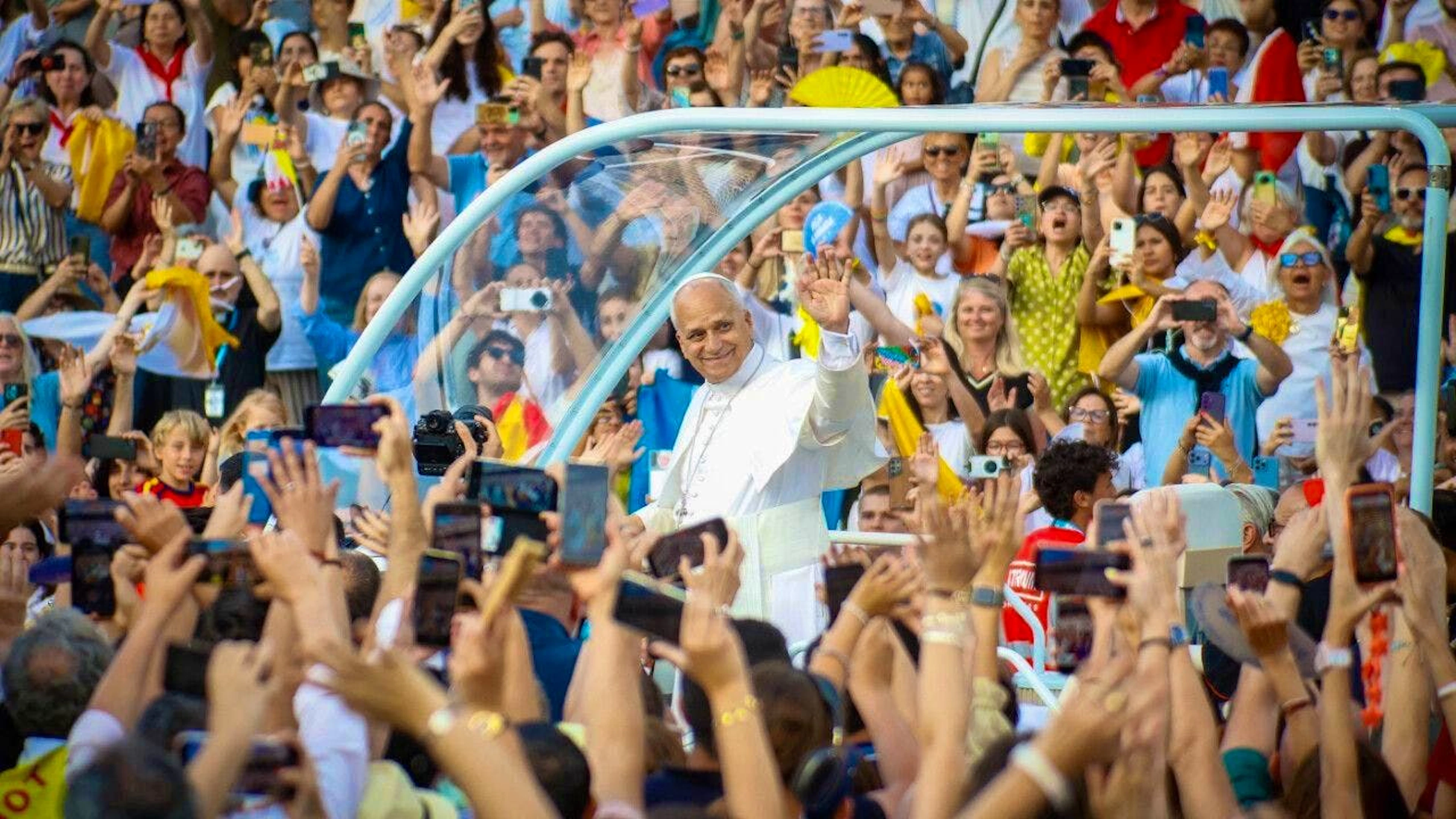 Pope Leo XIV arrives for a prayer vigil at the Lluis Companys Olympic Stadium. Photo: Kike Ricón/EUROPA PRESS/dpa