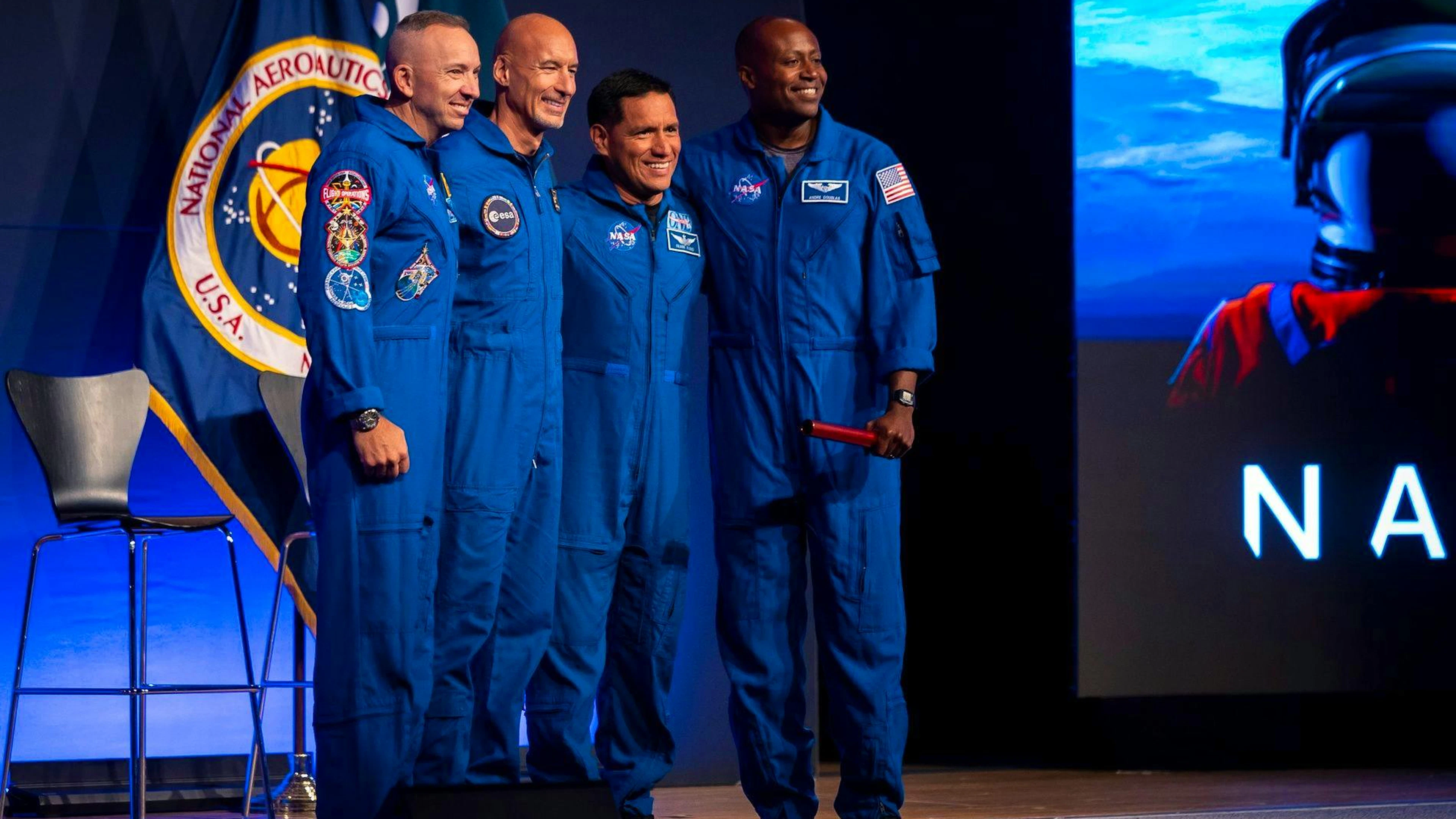 Die «Artemis 3»-Crew (v.l.n.r.): Randy Bresnik, Luca Parmitano, Frank Rubio und Andre Douglas bei einer Pressekonferenz im Johnson Space Center in Houston. (9. Juni 2026)