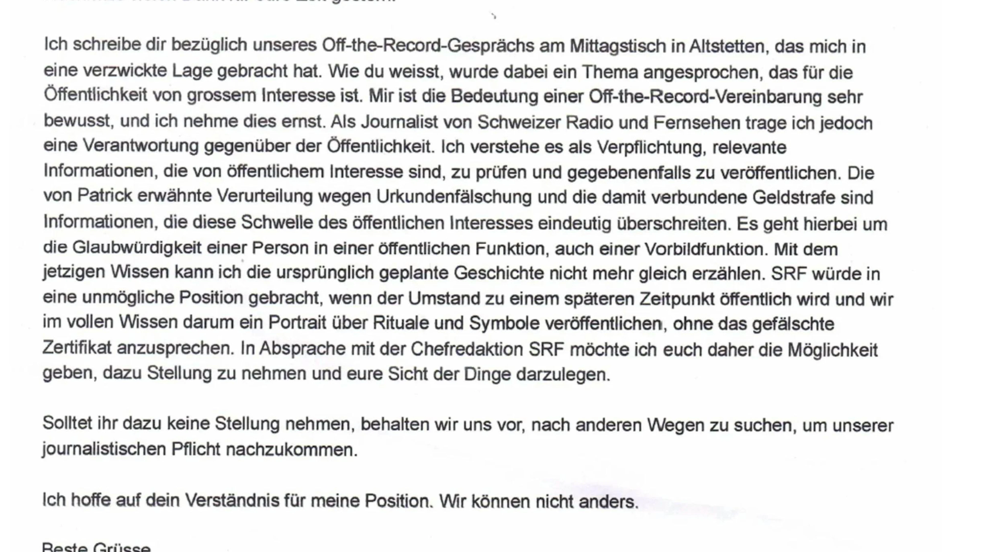 Die von «Schweiz heute» veröffentlichte Mail von SRF-Redaktor Pascal Schmitz an Finn Sulzer, Medienchef von Swiss Ice Hockey.