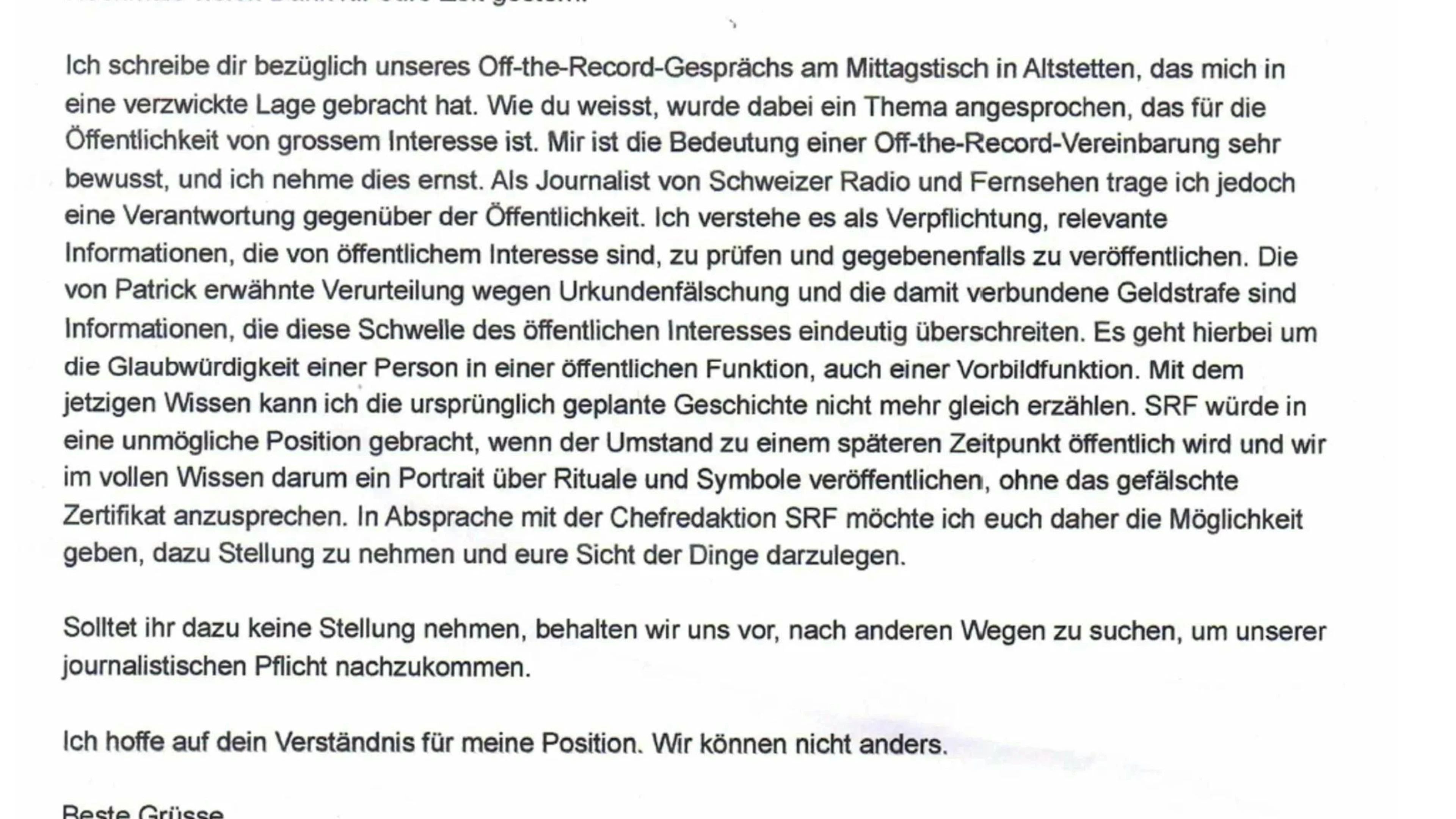 The email from SRF editor Pascal Schmitz to Finn Sulzer, head of media at Swiss Ice Hockey, published by “Schweiz heute.”
