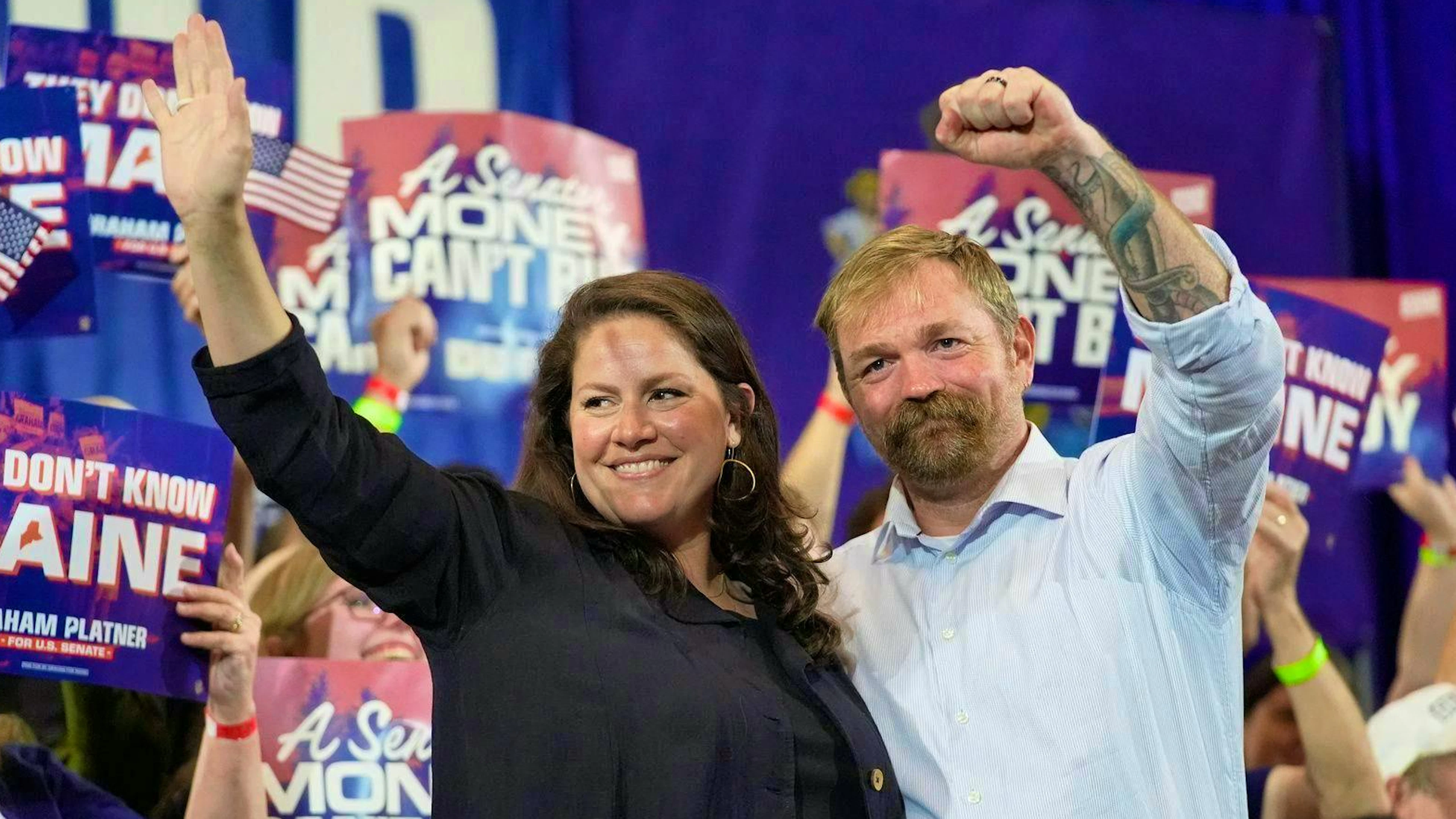 Graham Platner and his wife Amy Gertner celebrate their victory in the Democratic primary on June 9 in Blue Hill, Maine.